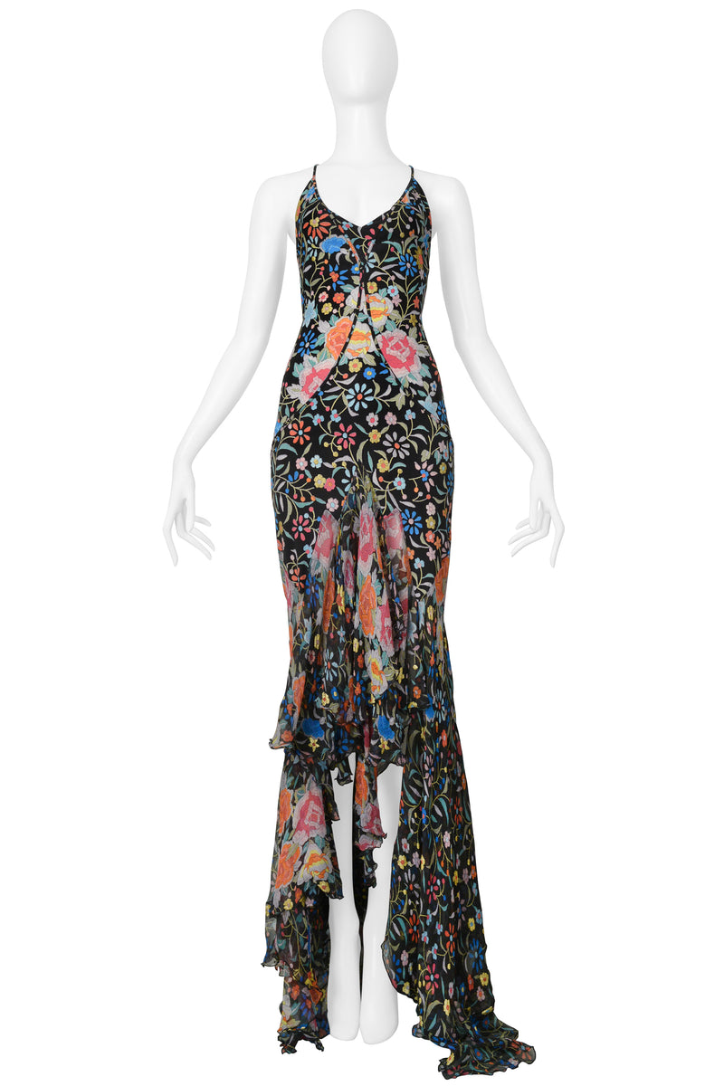 ROBERTO CAVALLI BLACK FLORAL EMBROIDERED PRINT SILK DRESS AW 2004