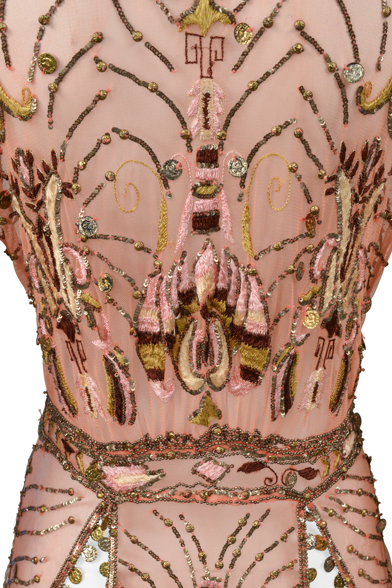 ROBERTO CAVALLI PINK BEADED & EMBROIDERED MESH FANCY JACKET WITH GOLD COINS 2004