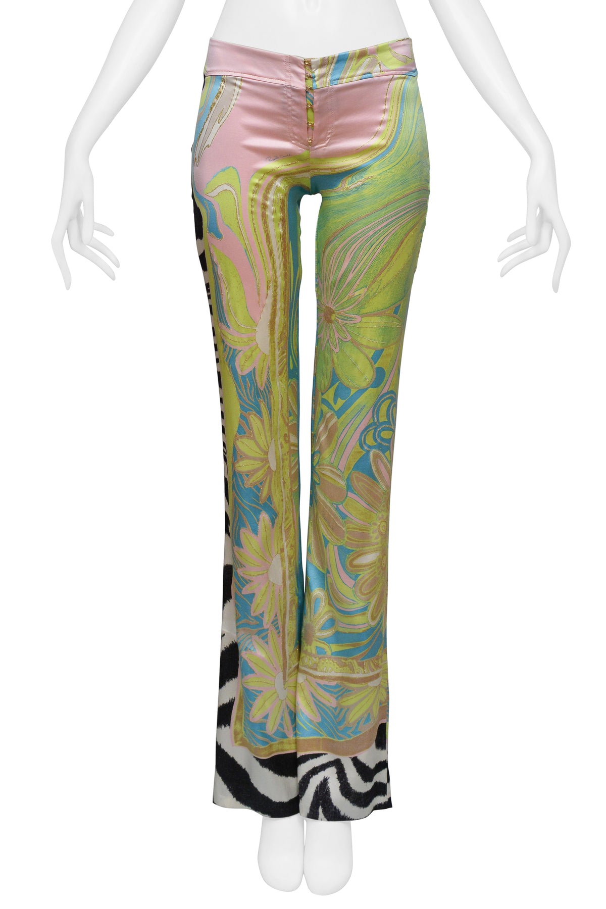 ROBERTO CAVALLI TEAL LACE UP TOP WITH PASTEL AND ZEBRA PRINT PANTS ENSEMBLE 2004