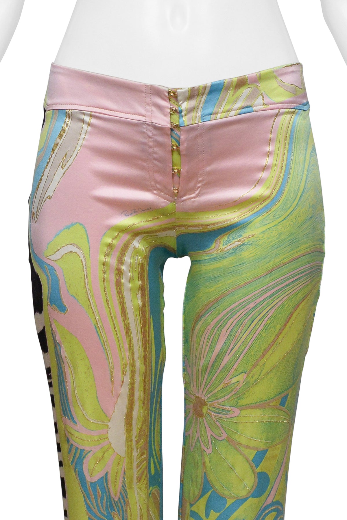 ROBERTO CAVALLI TEAL LACE UP TOP WITH PASTEL AND ZEBRA PRINT PANTS ENSEMBLE 2004