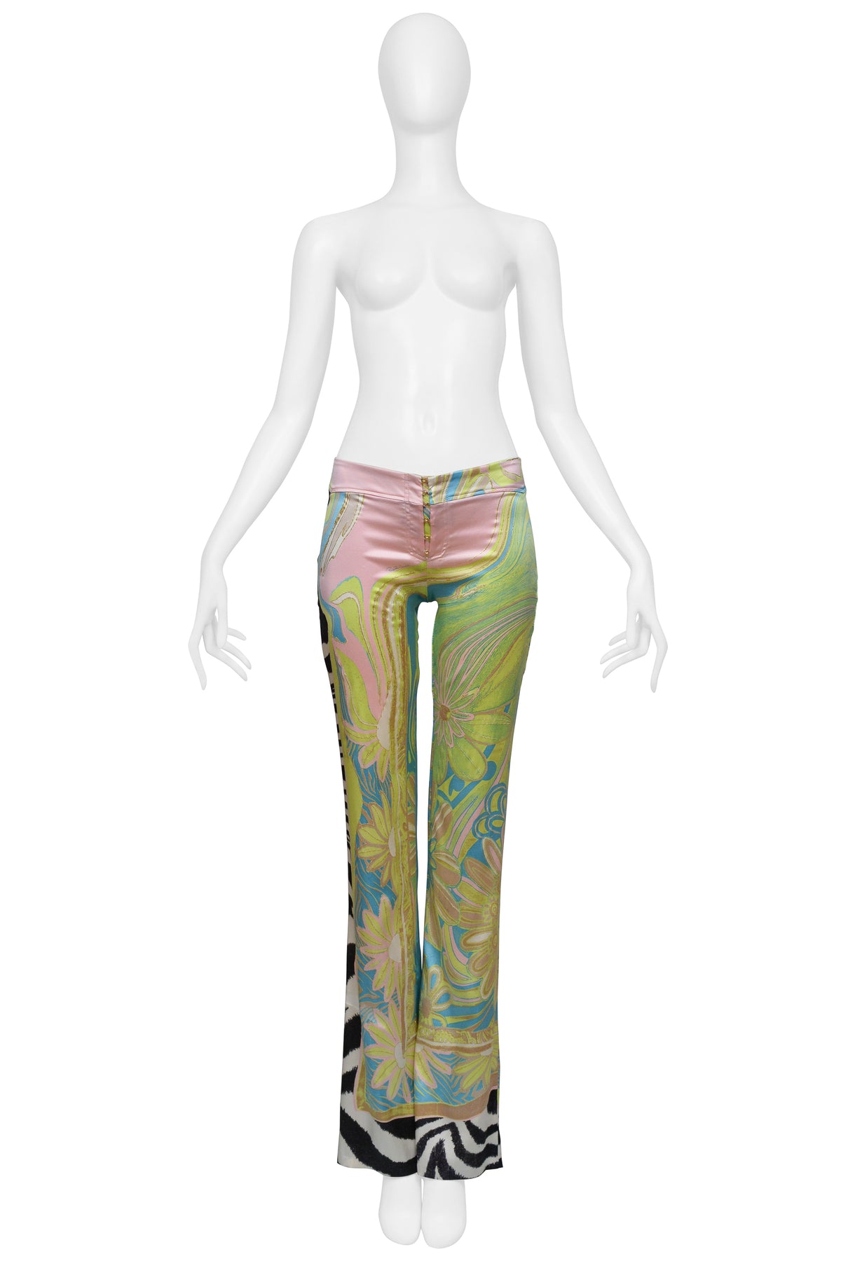 ROBERTO CAVALLI TEAL LACE UP TOP WITH PASTEL AND ZEBRA PRINT PANTS ENSEMBLE 2004