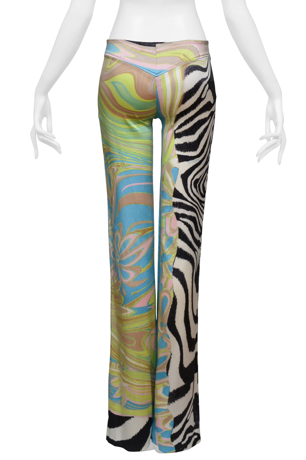 ROBERTO CAVALLI TEAL LACE UP TOP WITH PASTEL AND ZEBRA PRINT PANTS ENSEMBLE 2004