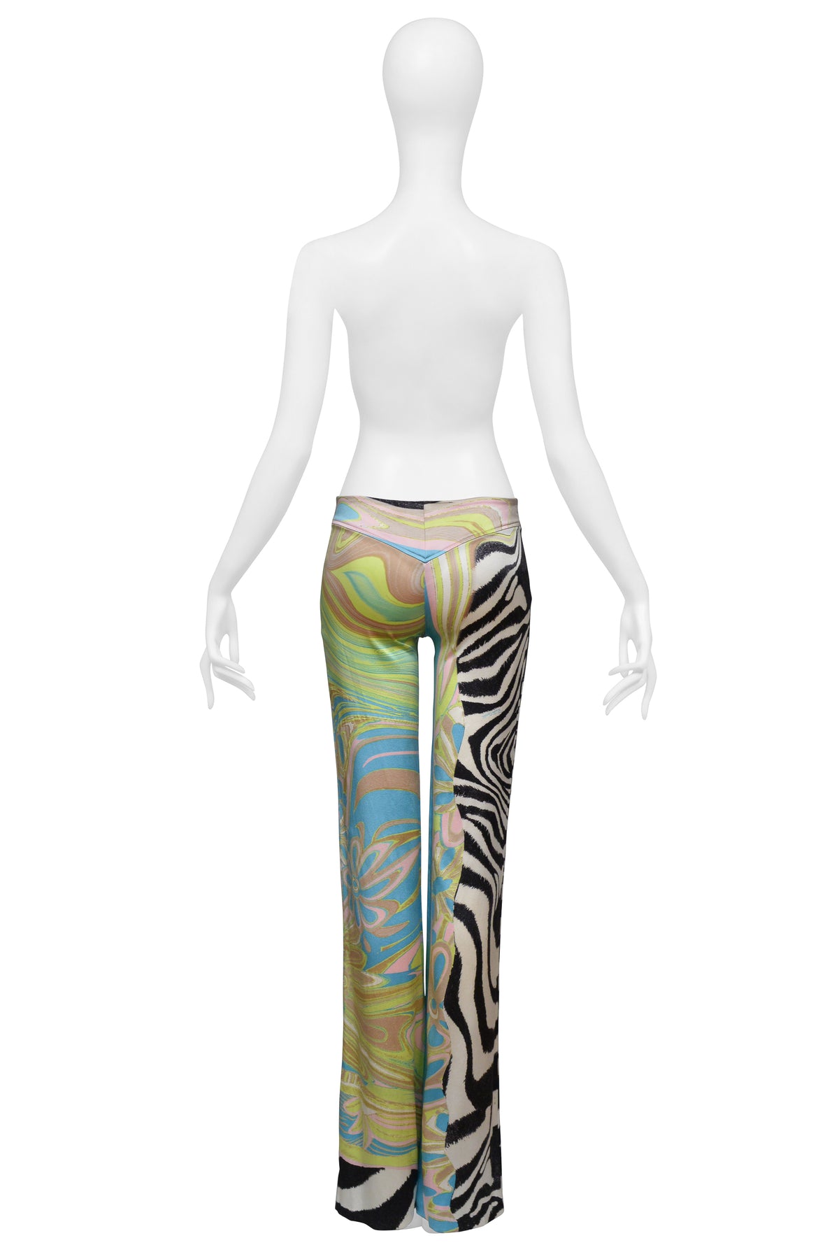 ROBERTO CAVALLI TEAL LACE UP TOP WITH PASTEL AND ZEBRA PRINT PANTS ENSEMBLE 2004
