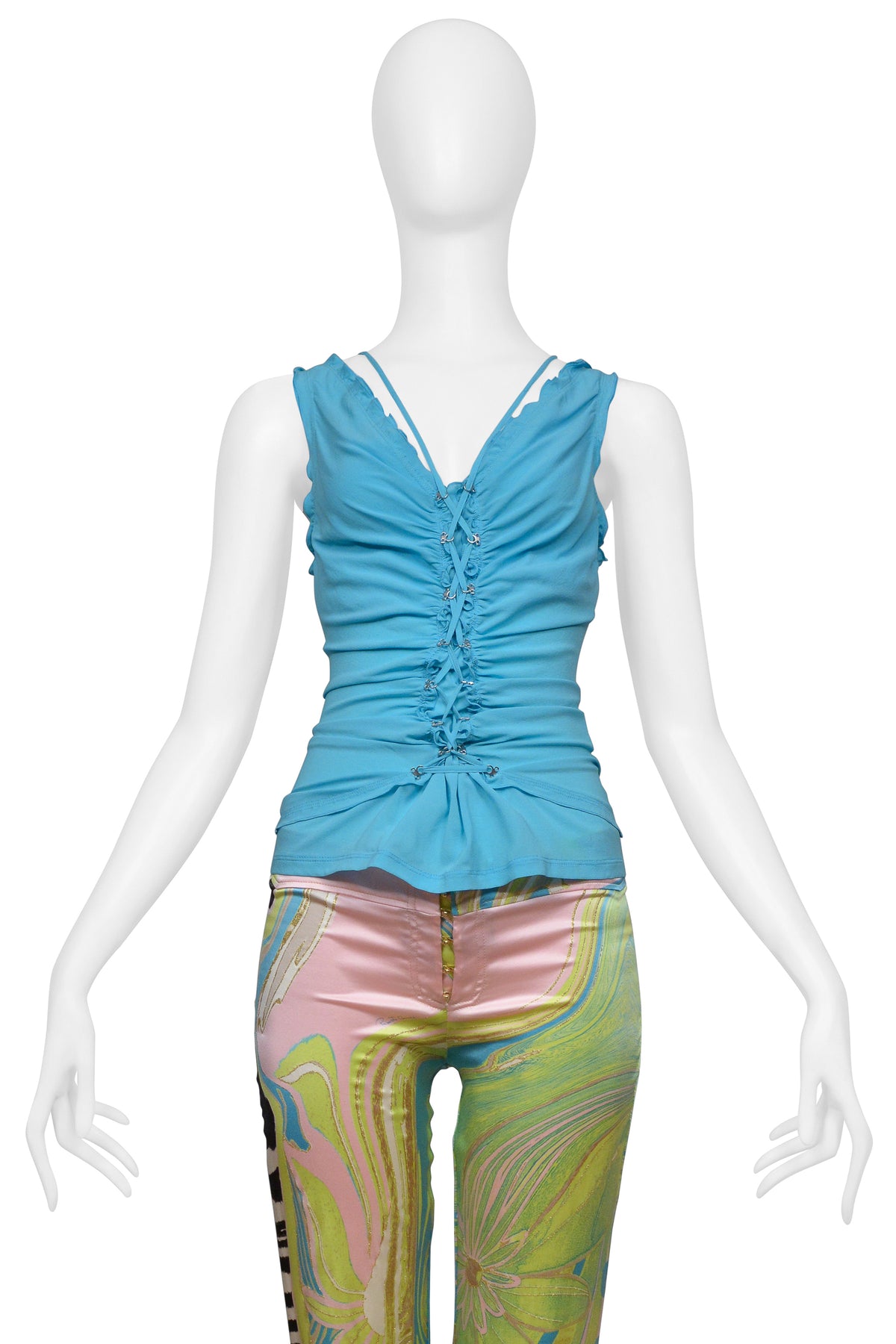 ROBERTO CAVALLI TEAL LACE UP TOP WITH PASTEL AND ZEBRA PRINT PANTS ENSEMBLE 2004