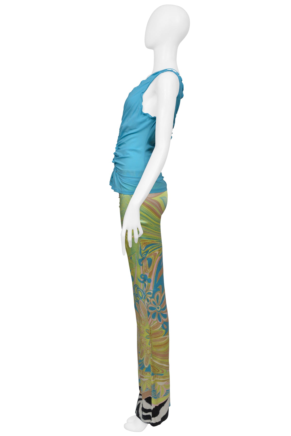 ROBERTO CAVALLI TEAL LACE UP TOP WITH PASTEL AND ZEBRA PRINT PANTS ENSEMBLE 2004