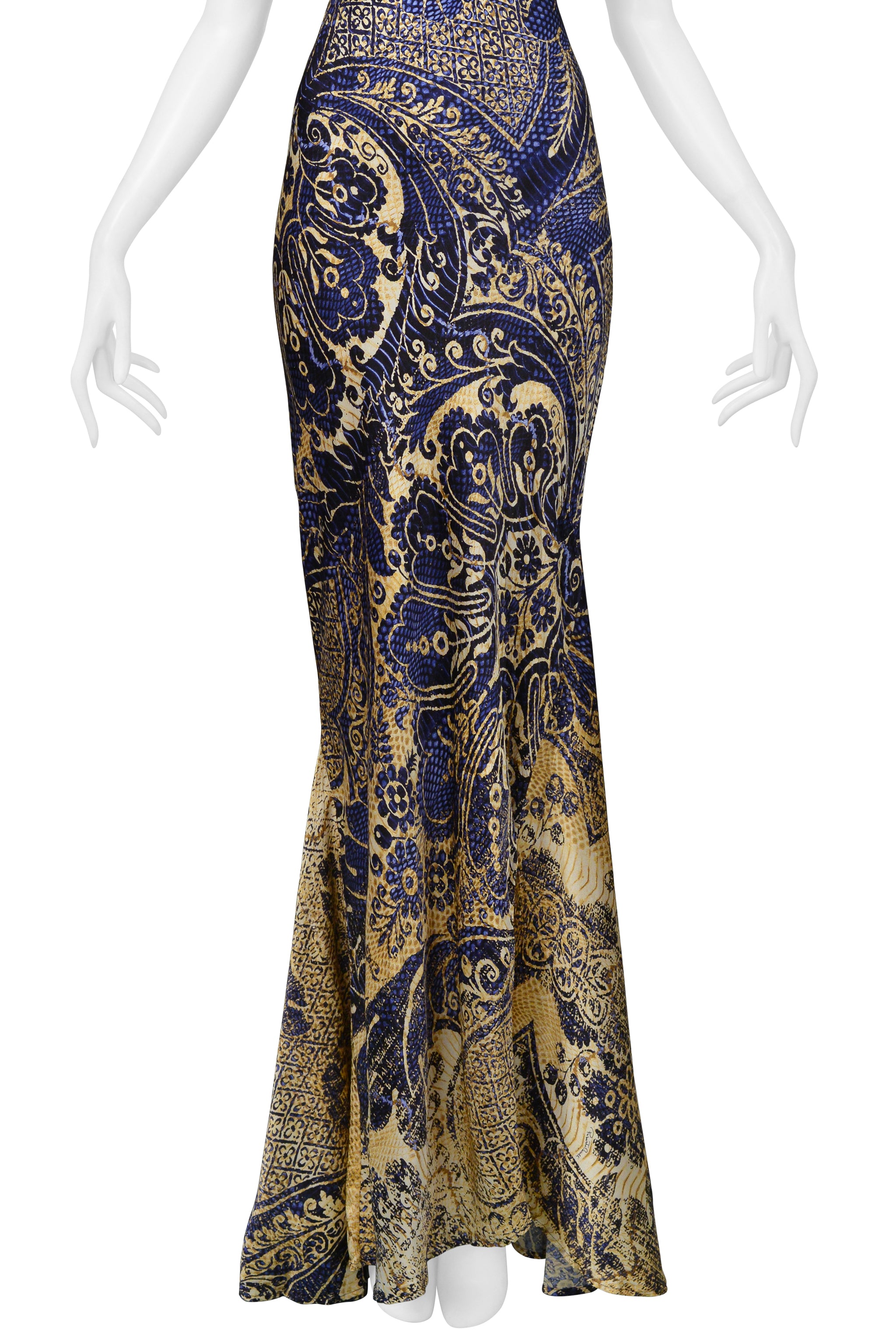 ROBERTO CAVALLI BLUE & GOLD BATIK PRINT MERMAID DRESS 2005