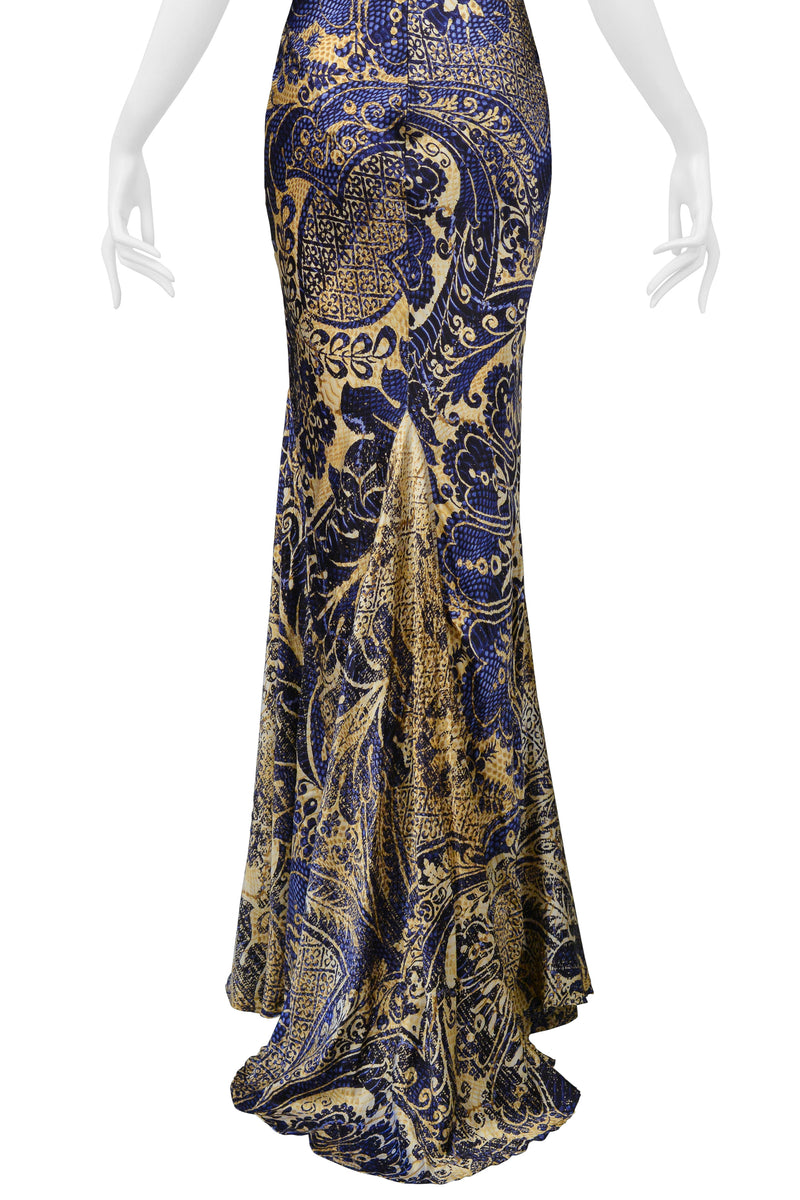 ROBERTO CAVALLI BLUE & GOLD BATIK PRINT MERMAID DRESS 2005