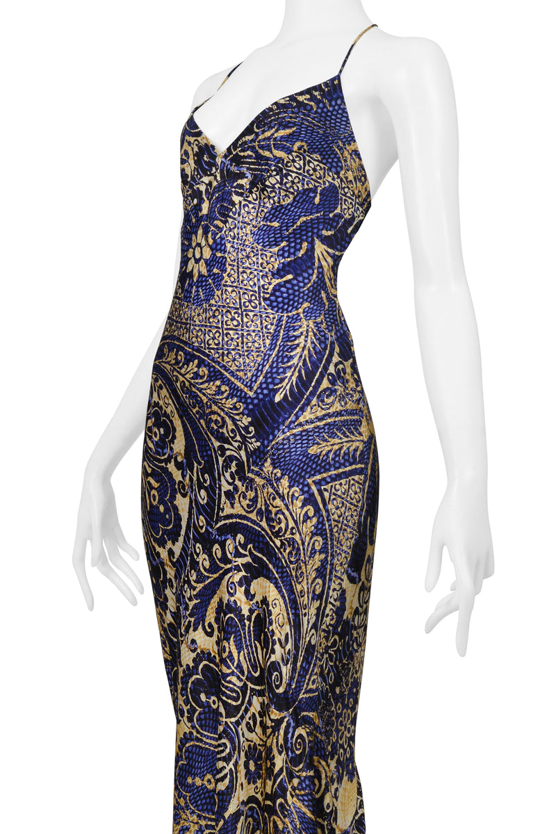 ROBERTO CAVALLI BLUE & GOLD BATIK PRINT MERMAID DRESS 2005