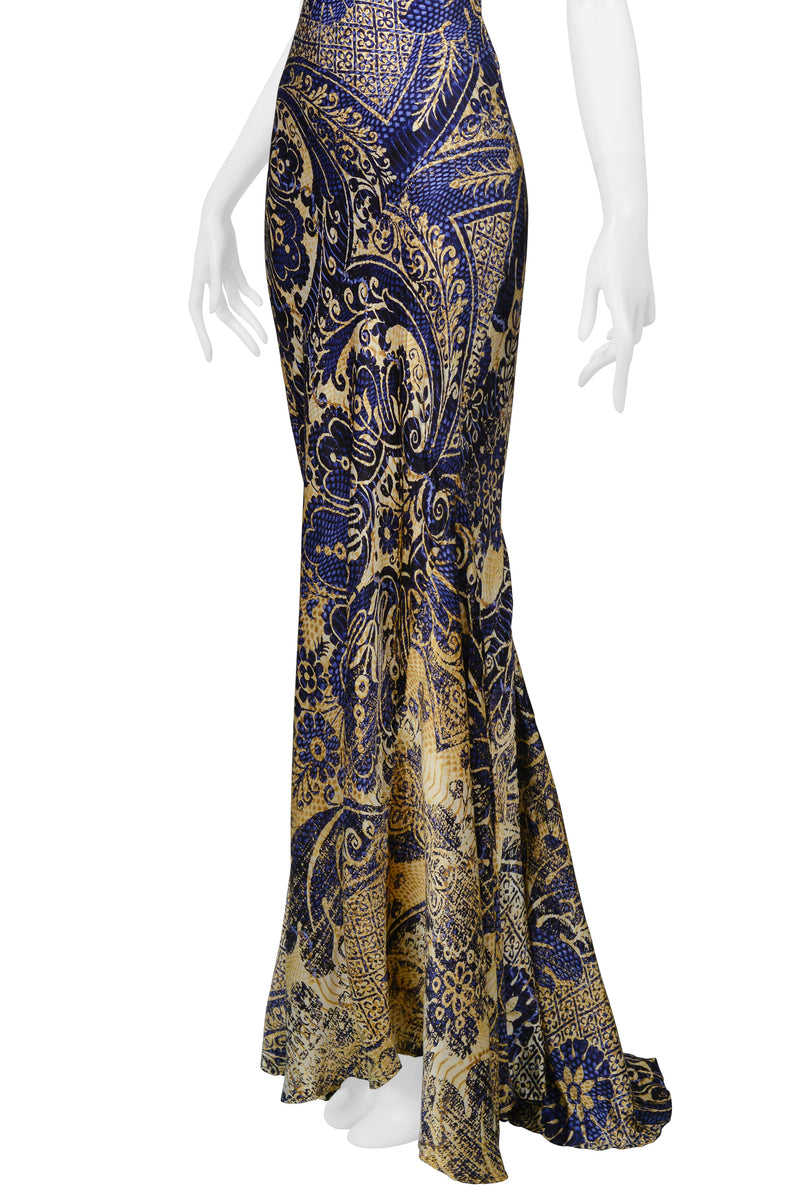 ROBERTO CAVALLI BLUE & GOLD BATIK PRINT MERMAID DRESS 2005