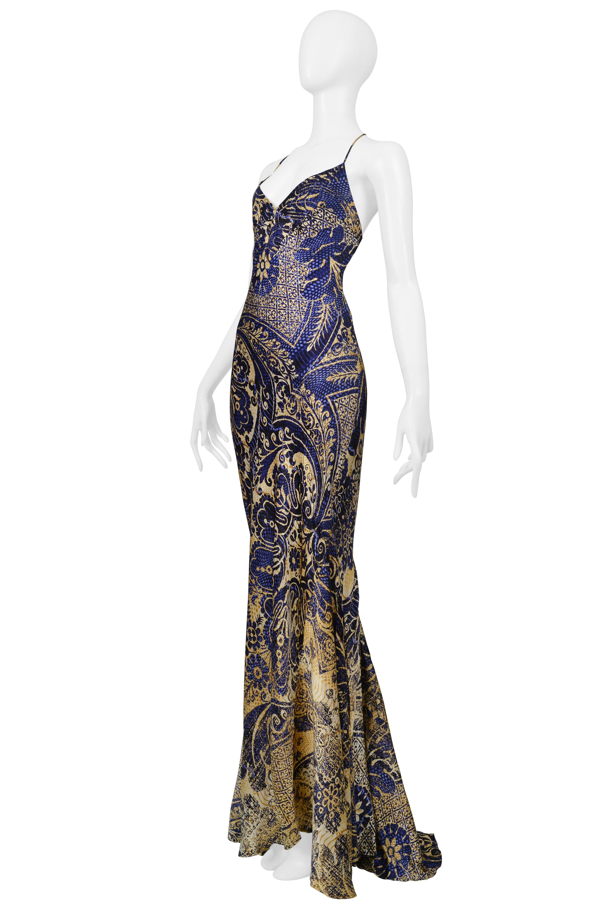 ROBERTO CAVALLI BLUE & GOLD BATIK PRINT MERMAID DRESS 2005