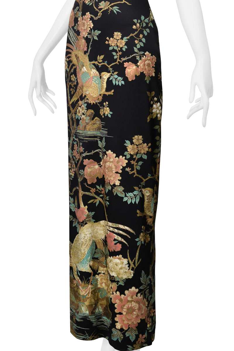 ROBERTO CAVALLI BLACK SATIN STRAPLESS GOWN WITH ASIAN FLORAL PRINT AW 2006