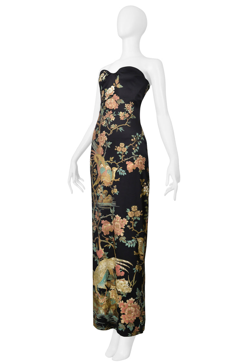 ROBERTO CAVALLI BLACK SATIN STRAPLESS GOWN WITH ASIAN FLORAL PRINT AW 2006