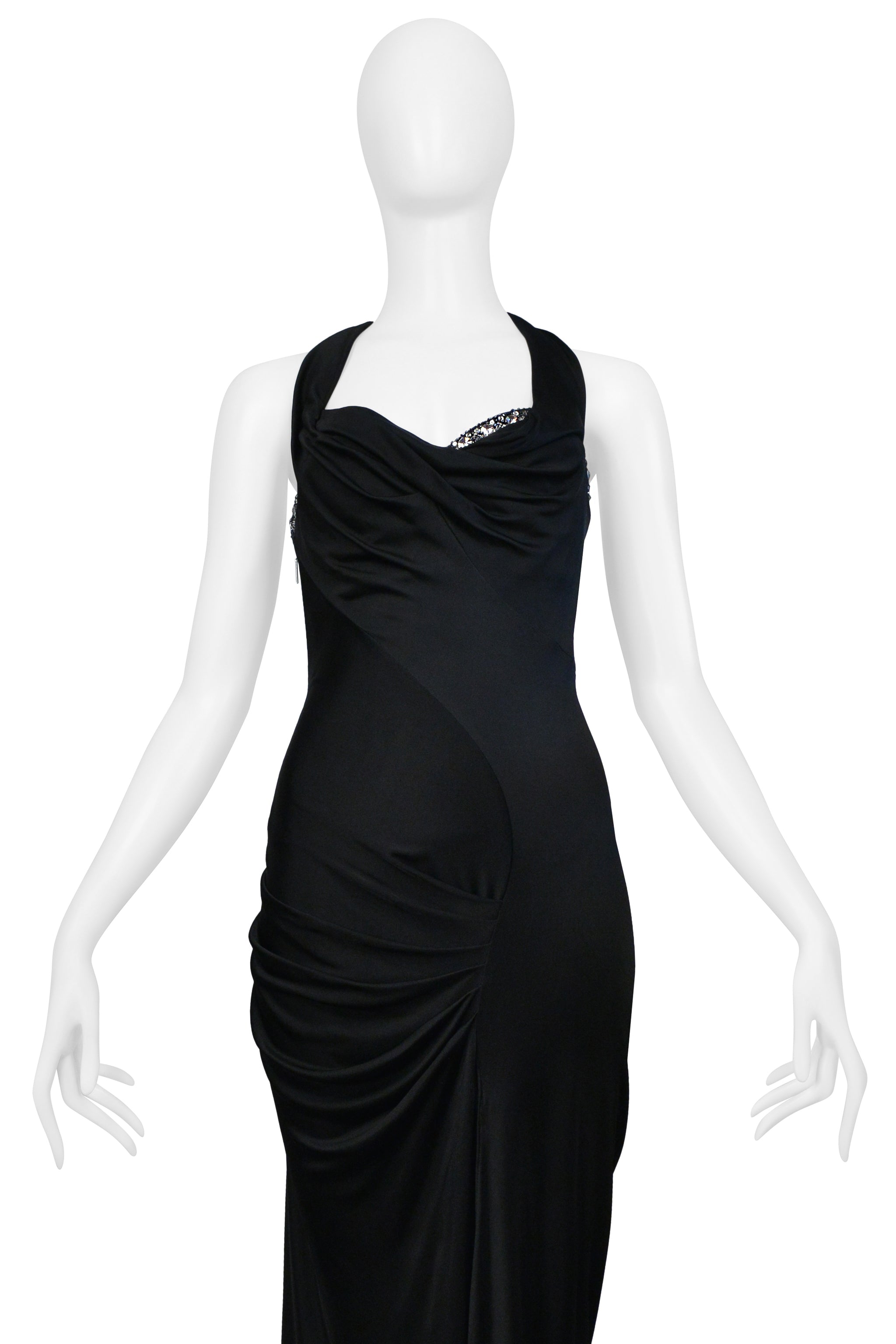 ROBERTO CAVALLI BLACK HALTER GOWN WITH CRYSTAL NECKLINE AND HIGH SLIT 2008