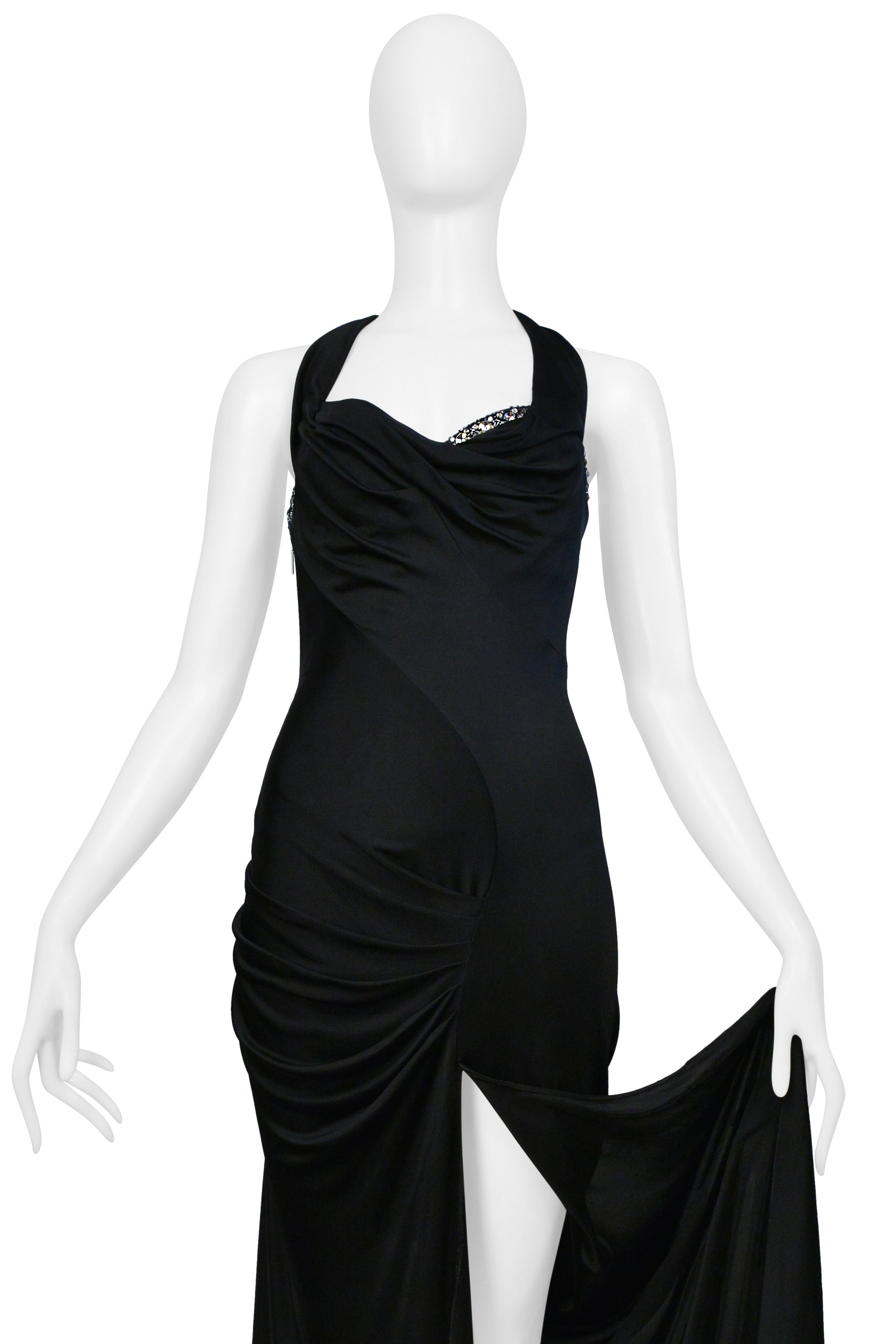 ROBERTO CAVALLI BLACK HALTER GOWN WITH CRYSTAL NECKLINE AND HIGH SLIT 2008