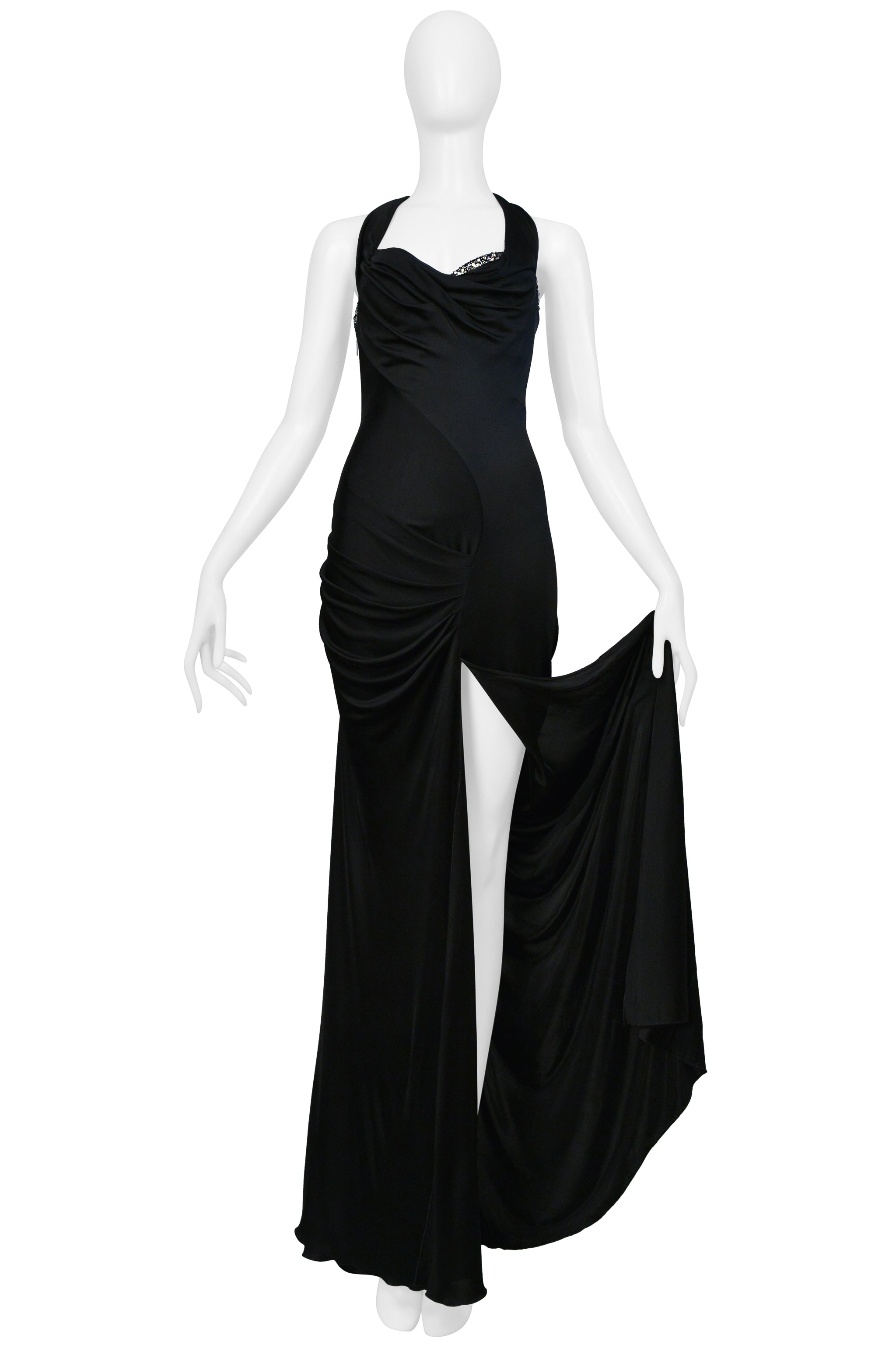 ROBERTO CAVALLI BLACK HALTER GOWN WITH CRYSTAL NECKLINE AND HIGH SLIT 2008