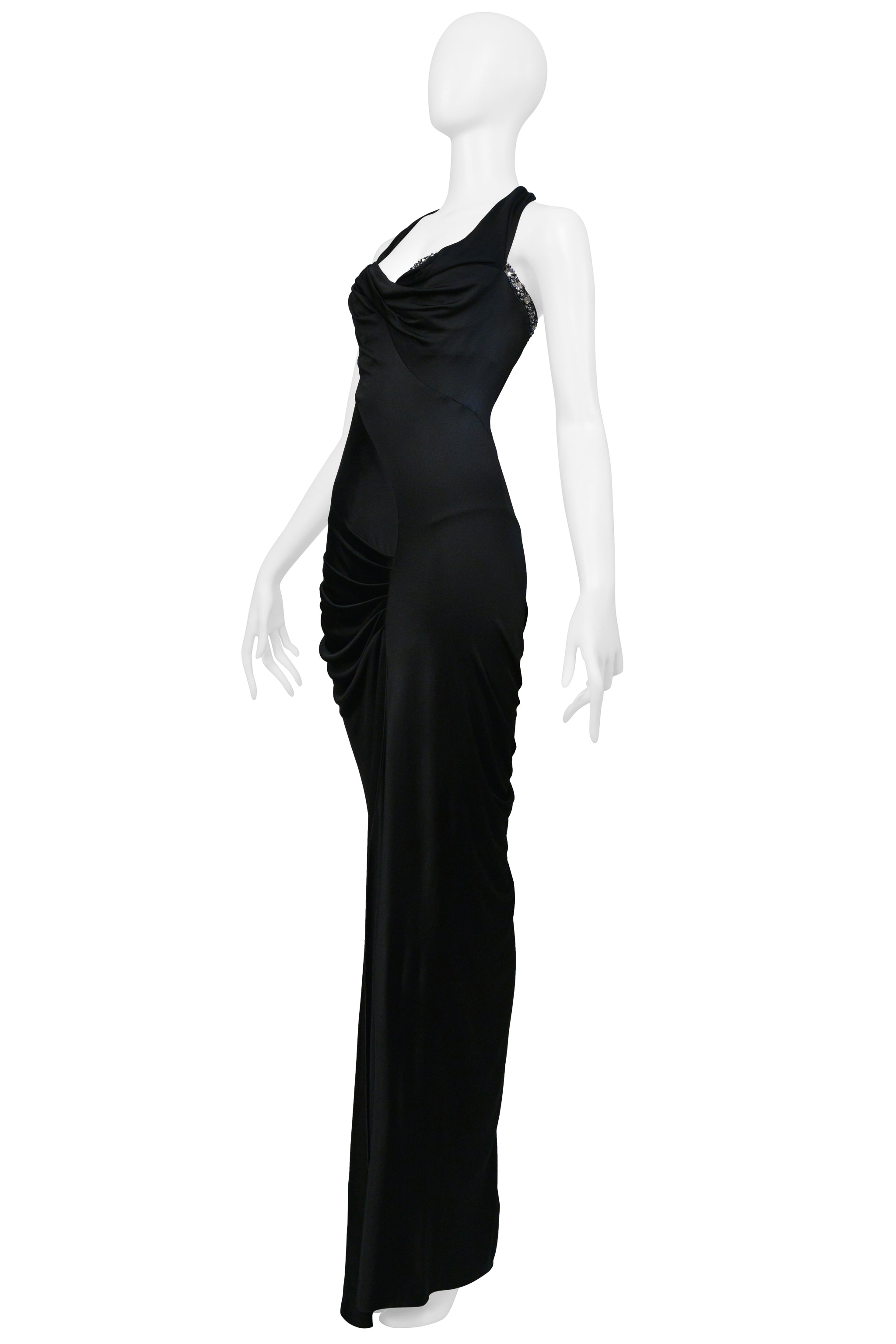 ROBERTO CAVALLI BLACK HALTER GOWN WITH CRYSTAL NECKLINE AND HIGH SLIT 2008