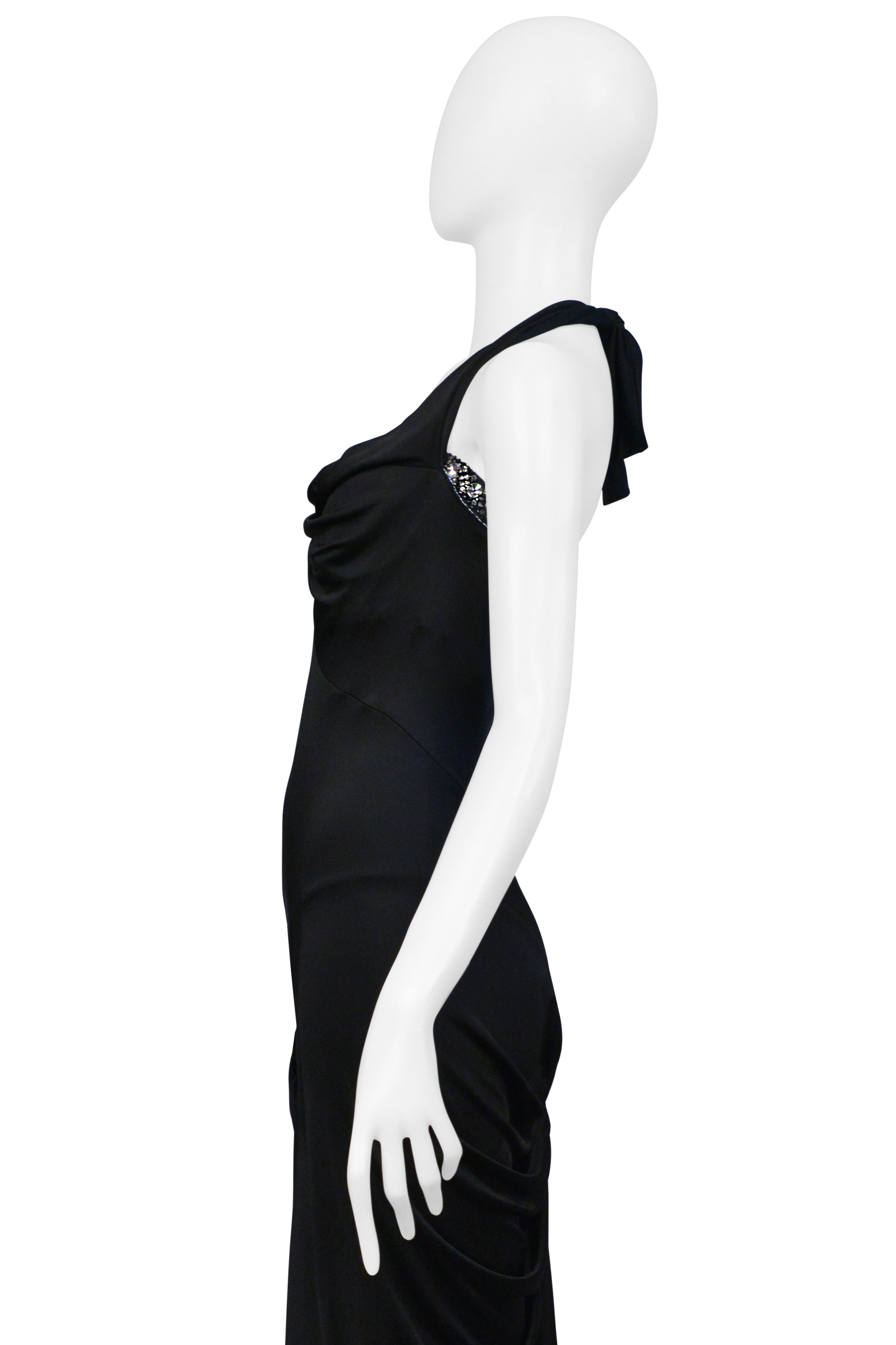 ROBERTO CAVALLI BLACK HALTER GOWN WITH CRYSTAL NECKLINE AND HIGH SLIT 2008