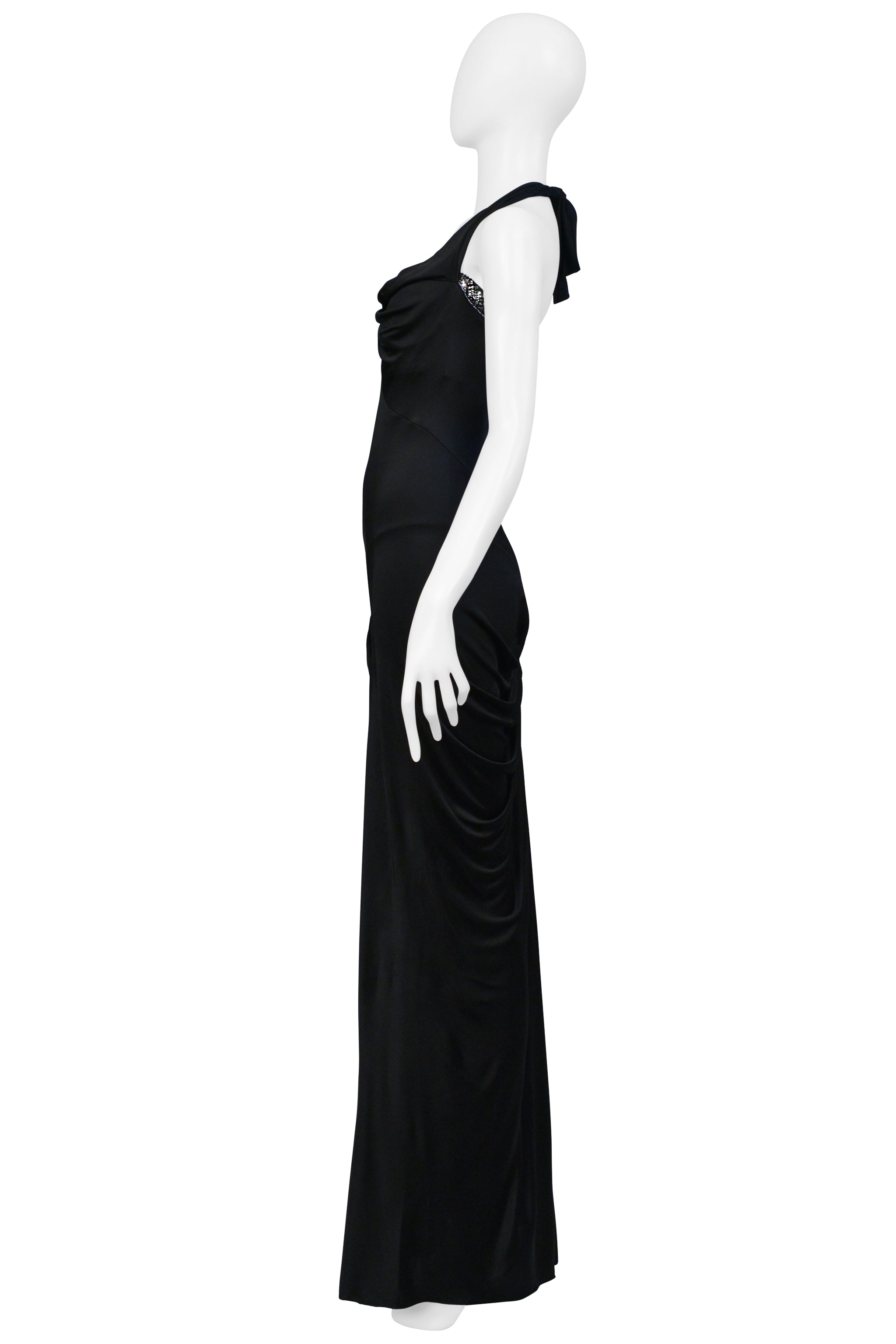 ROBERTO CAVALLI BLACK HALTER GOWN WITH CRYSTAL NECKLINE AND HIGH SLIT 2008