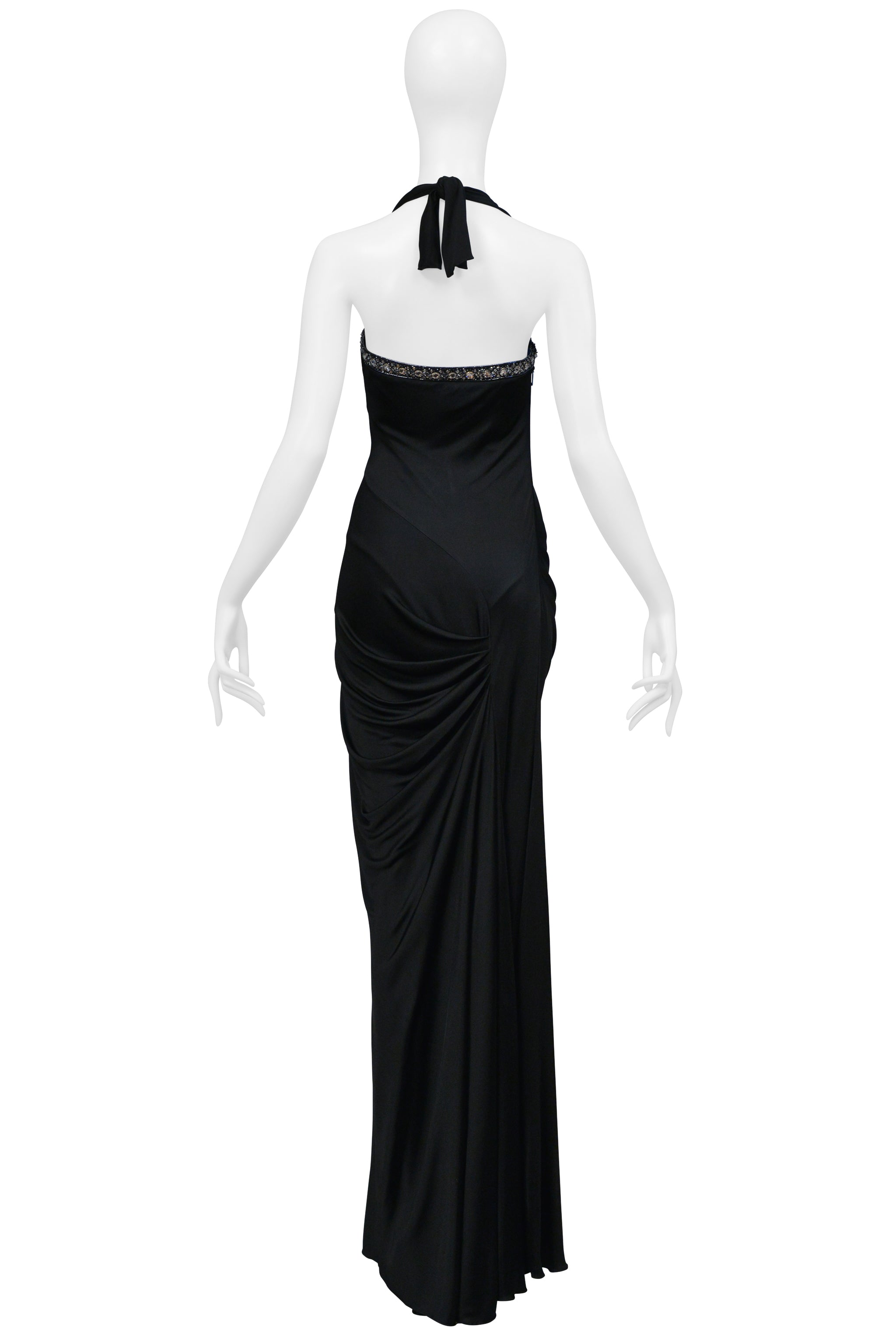 ROBERTO CAVALLI BLACK HALTER GOWN WITH CRYSTAL NECKLINE AND HIGH SLIT 2008