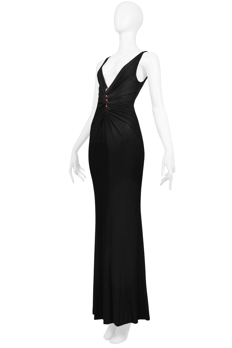 ROBERTO CAVALLI BLACK JERSEY EVENING GOWN WITH GOLD SNAKE HARDWARE