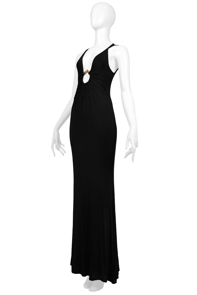 ROBERTO CAVALLI BLACK JERSEY EVENING GOWN WITH GOLD HARDWARE & JEWEL