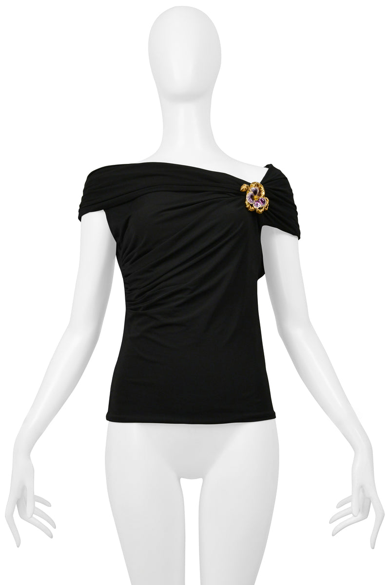 ROBERTO CAVALLI BLACK RUCHED TOP WITH SNAKE AND FLOWER BROOCH