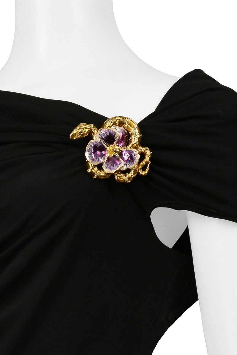 ROBERTO CAVALLI BLACK RUCHED TOP WITH SNAKE AND FLOWER BROOCH