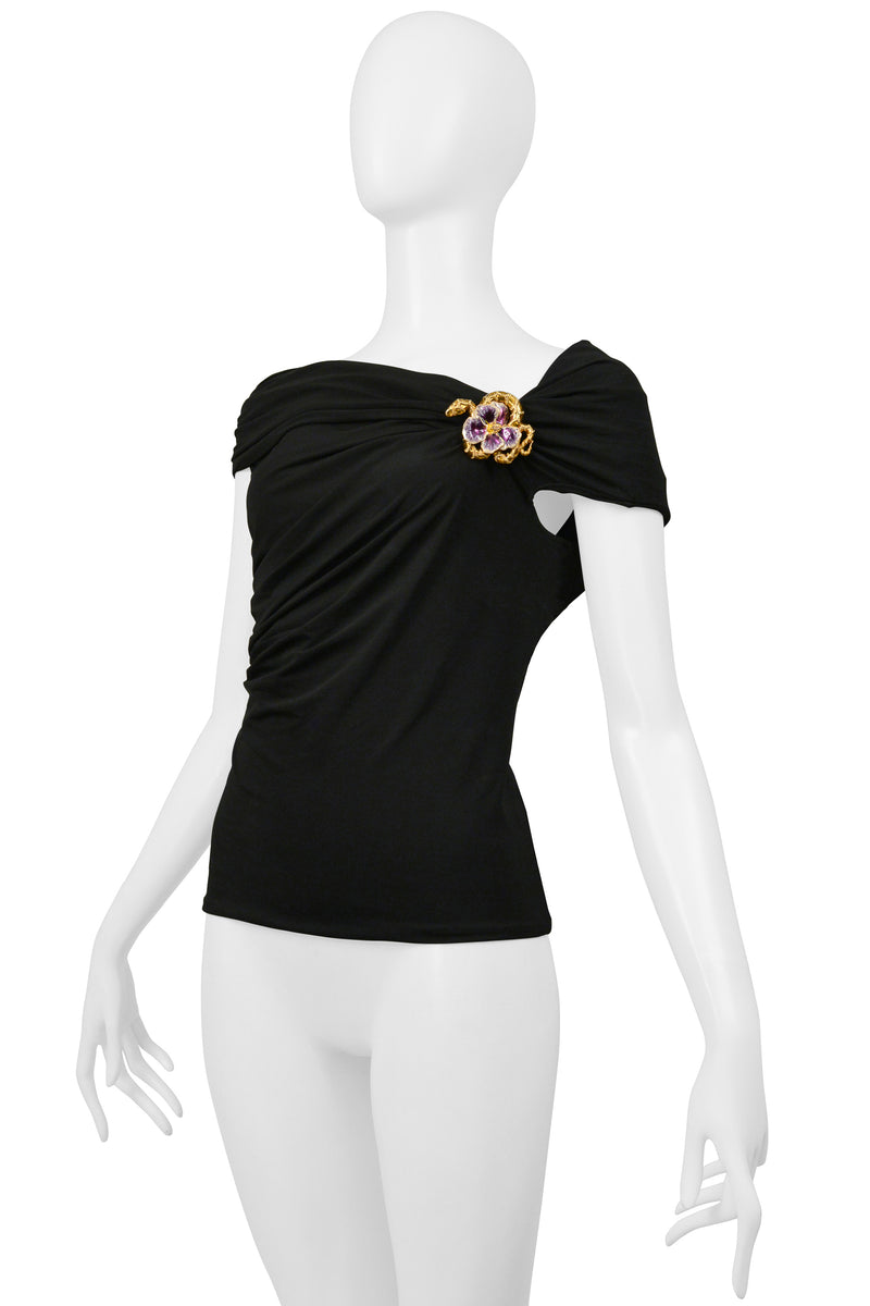 ROBERTO CAVALLI BLACK RUCHED TOP WITH SNAKE AND FLOWER BROOCH