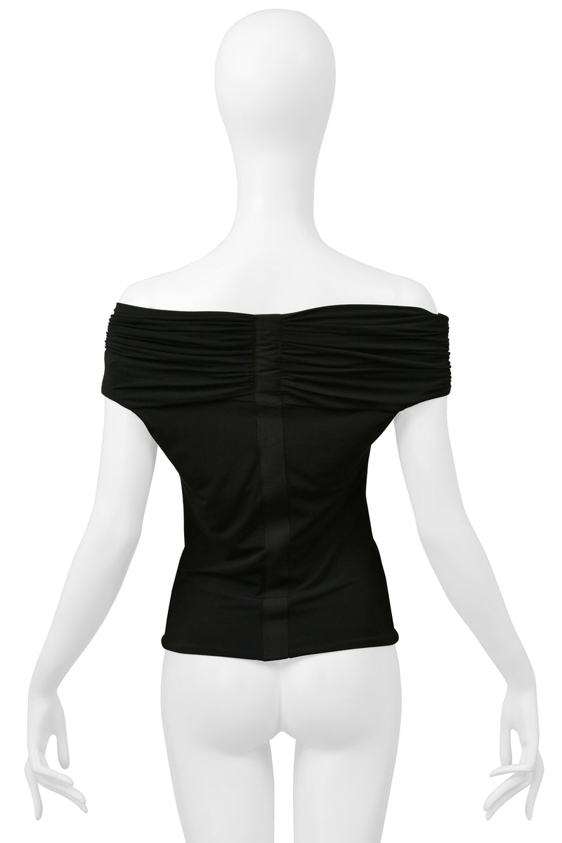 ROBERTO CAVALLI BLACK RUCHED TOP WITH SNAKE AND FLOWER BROOCH