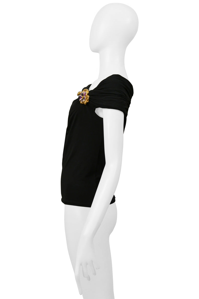 ROBERTO CAVALLI BLACK RUCHED TOP WITH SNAKE AND FLOWER BROOCH