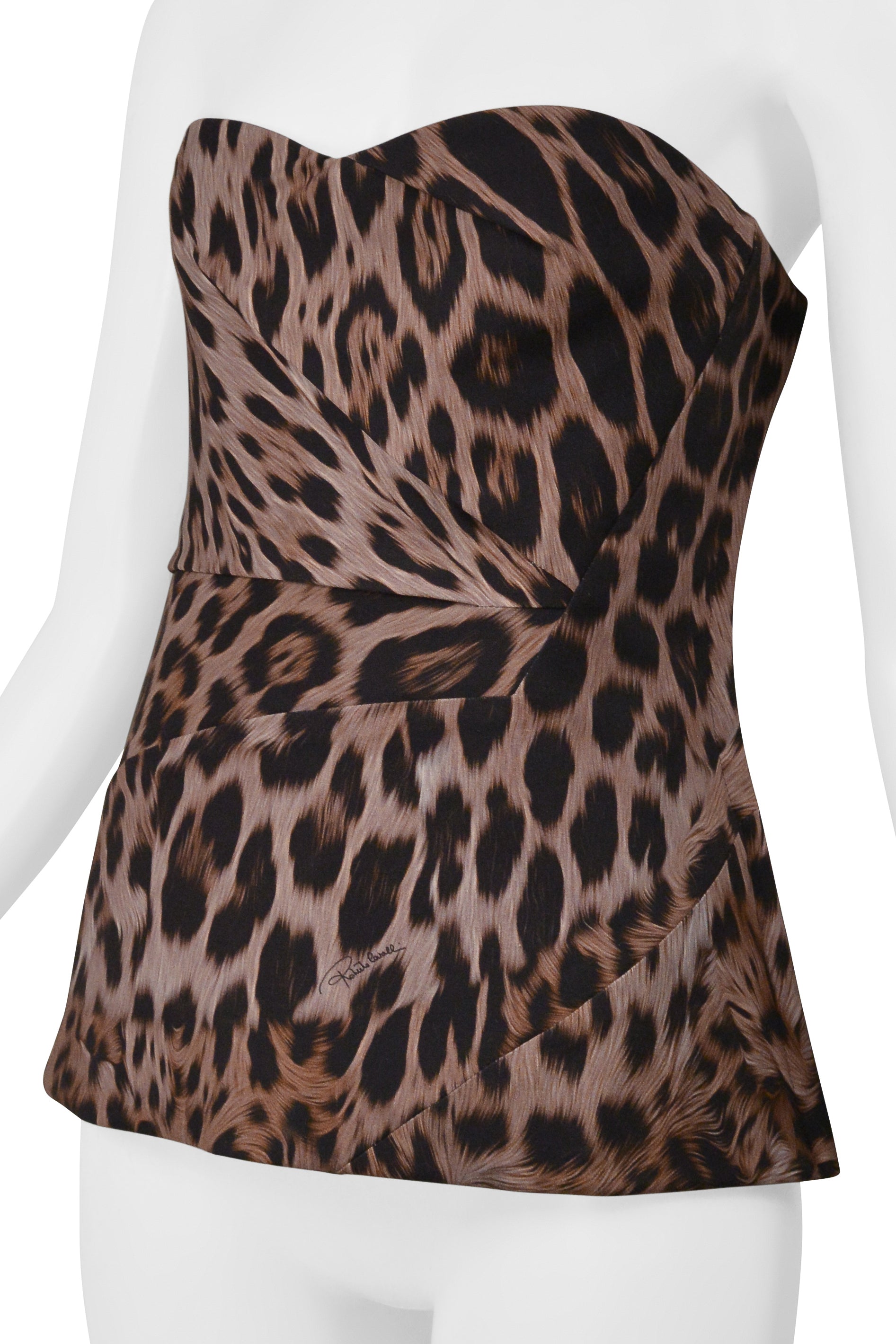 ROBERTO CAVALLI BROWN LEOPARD PRINT CORSET TOP WITH SIDE ZIPPER