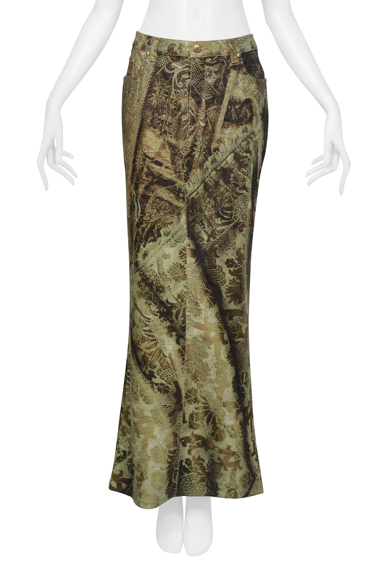 ROBERTO CAVALLI GREEN PRINTED LONG DENIM SKIRT CIR. 2000S