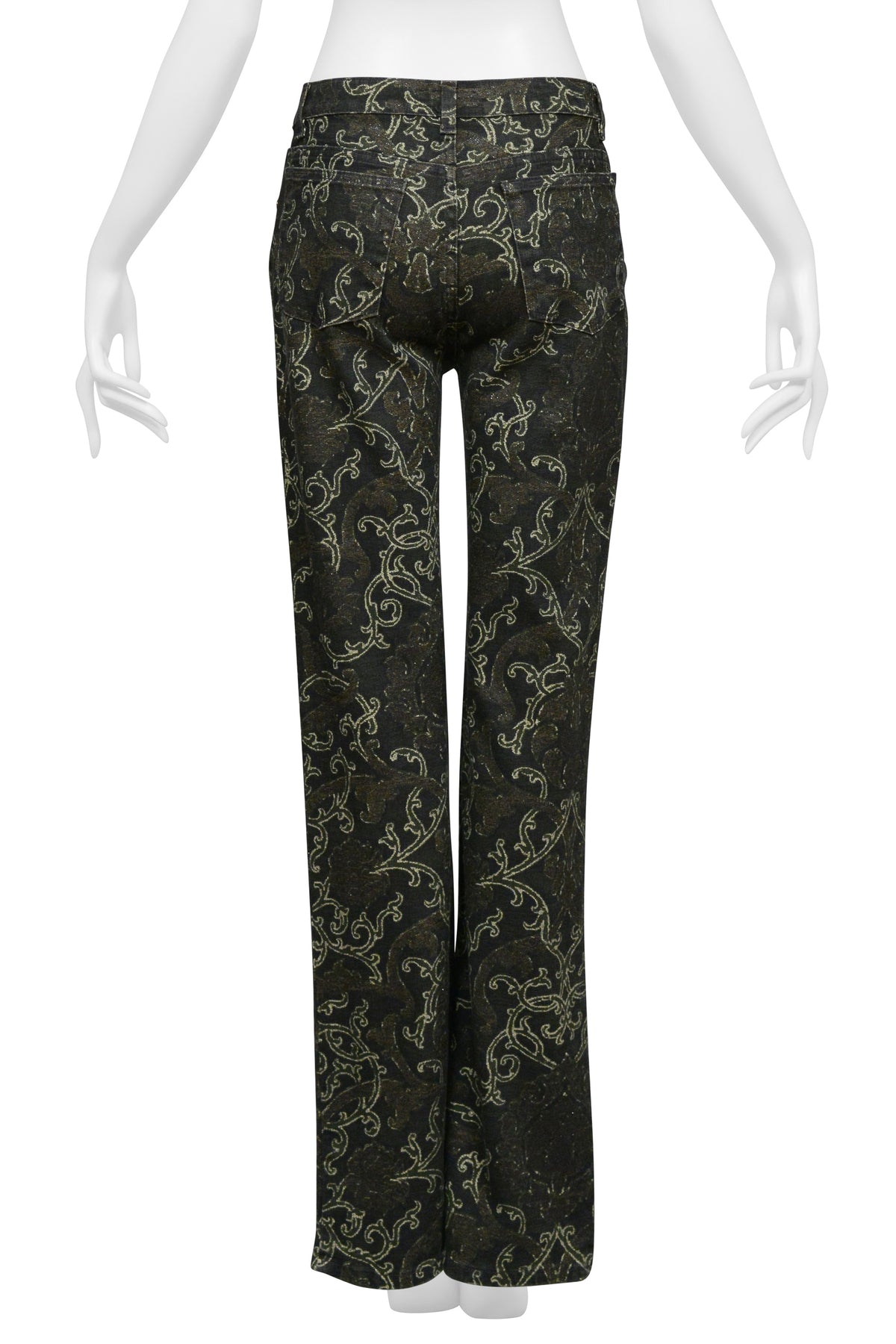 ROBERTO CAVALLI BLACK AND METALLIC SILK TOP WITH BLACK AND METALLIC PRINTED DENIM ENSEMBLE CIR. 2003