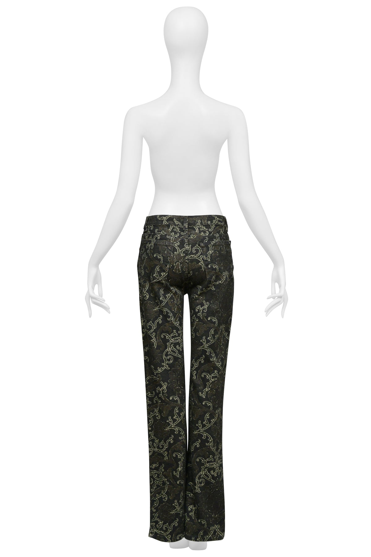 ROBERTO CAVALLI BLACK AND METALLIC SILK TOP WITH BLACK AND METALLIC PRINTED DENIM ENSEMBLE CIR. 2003