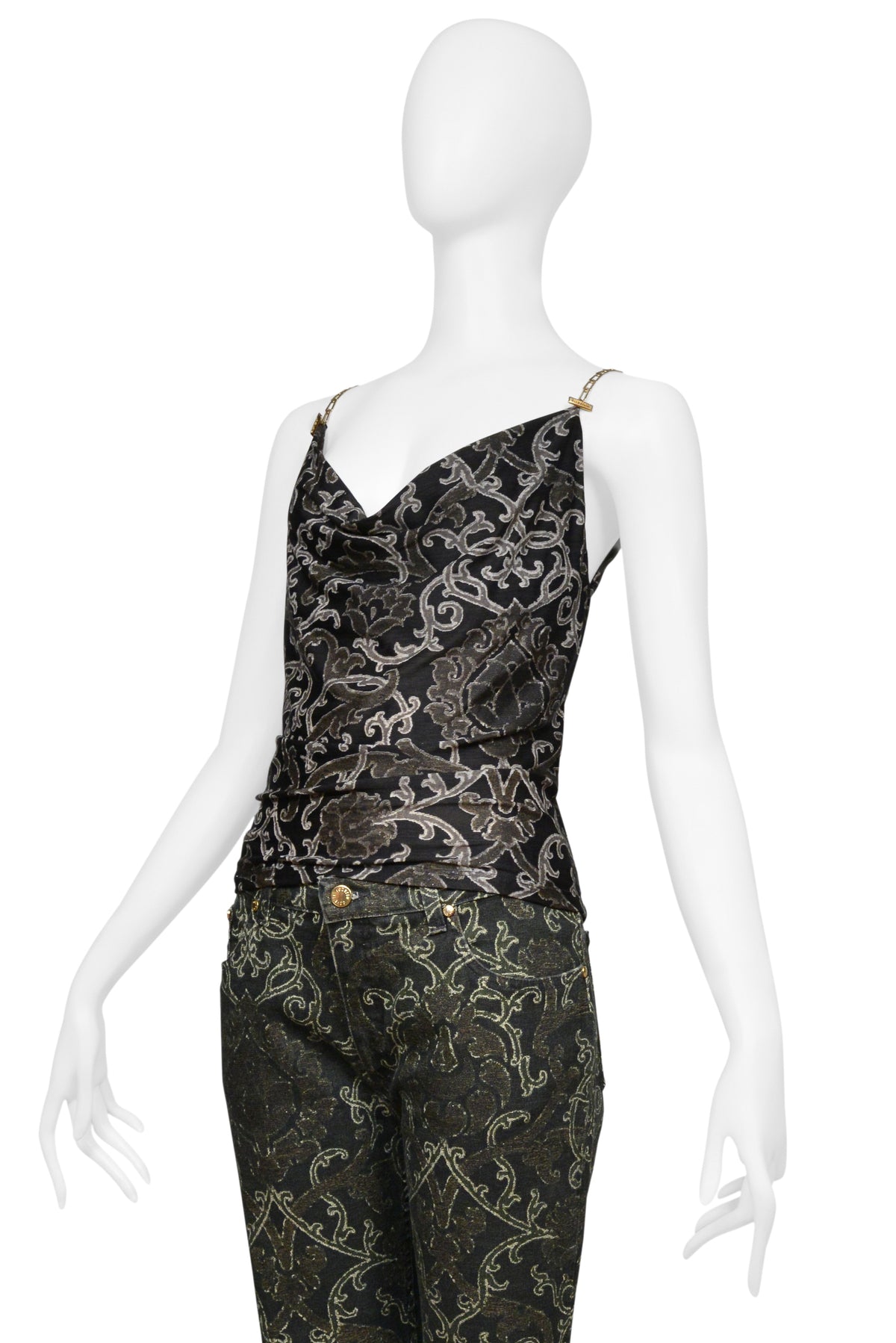 ROBERTO CAVALLI BLACK AND METALLIC SILK TOP WITH BLACK AND METALLIC PRINTED DENIM ENSEMBLE CIR. 2003