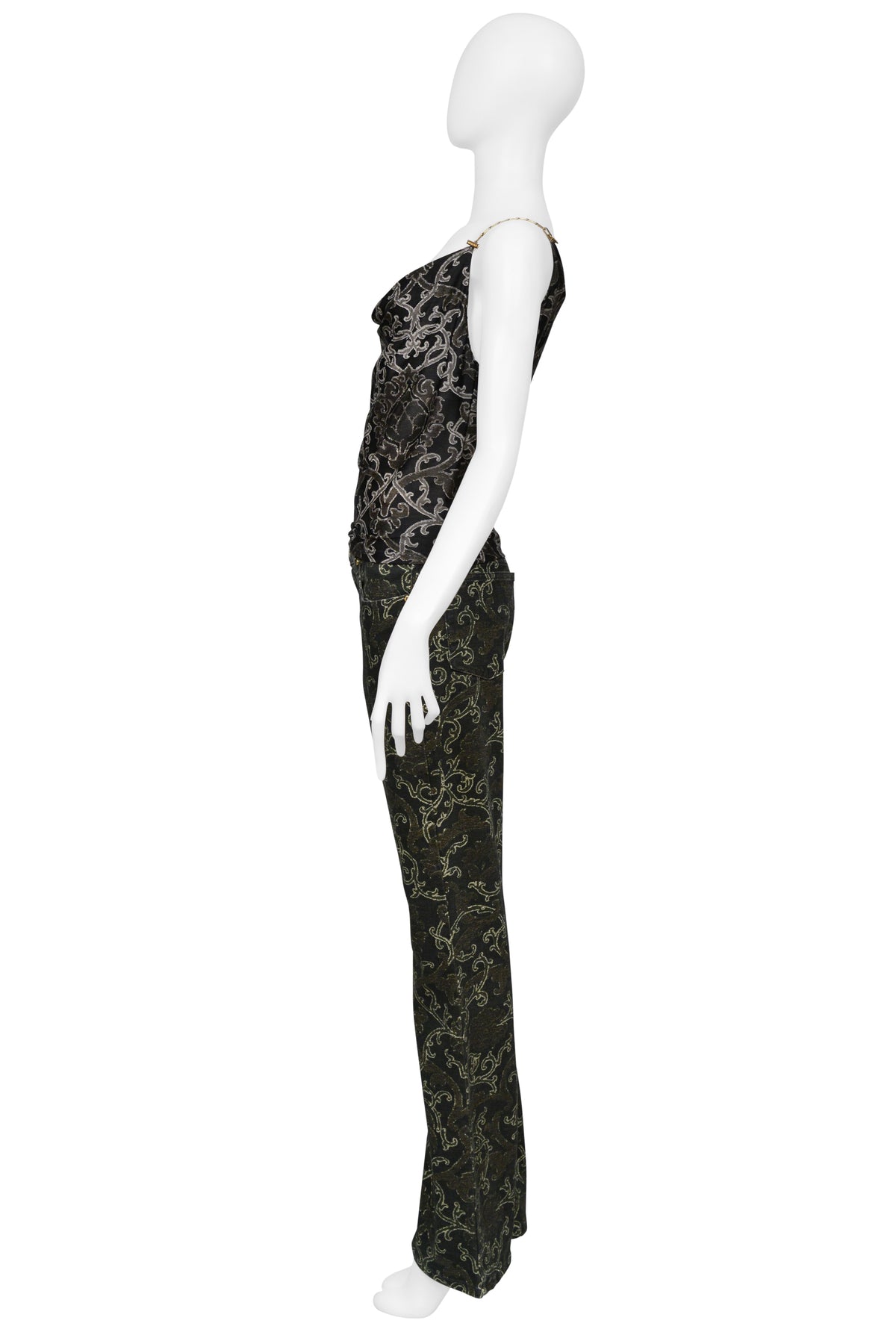 ROBERTO CAVALLI BLACK AND METALLIC SILK TOP WITH BLACK AND METALLIC PRINTED DENIM ENSEMBLE CIR. 2003