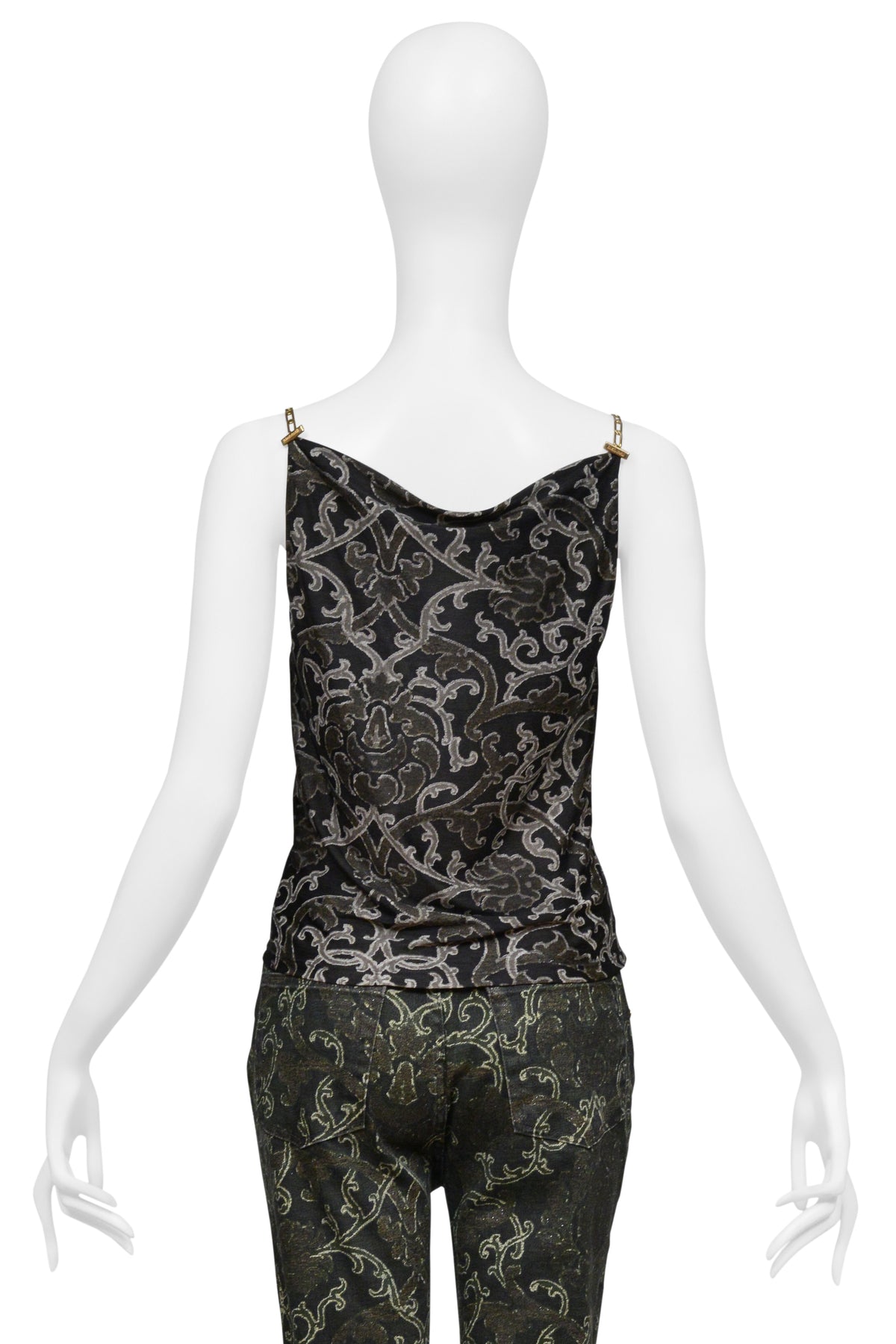 ROBERTO CAVALLI BLACK AND METALLIC SILK TOP WITH BLACK AND METALLIC PRINTED DENIM ENSEMBLE CIR. 2003