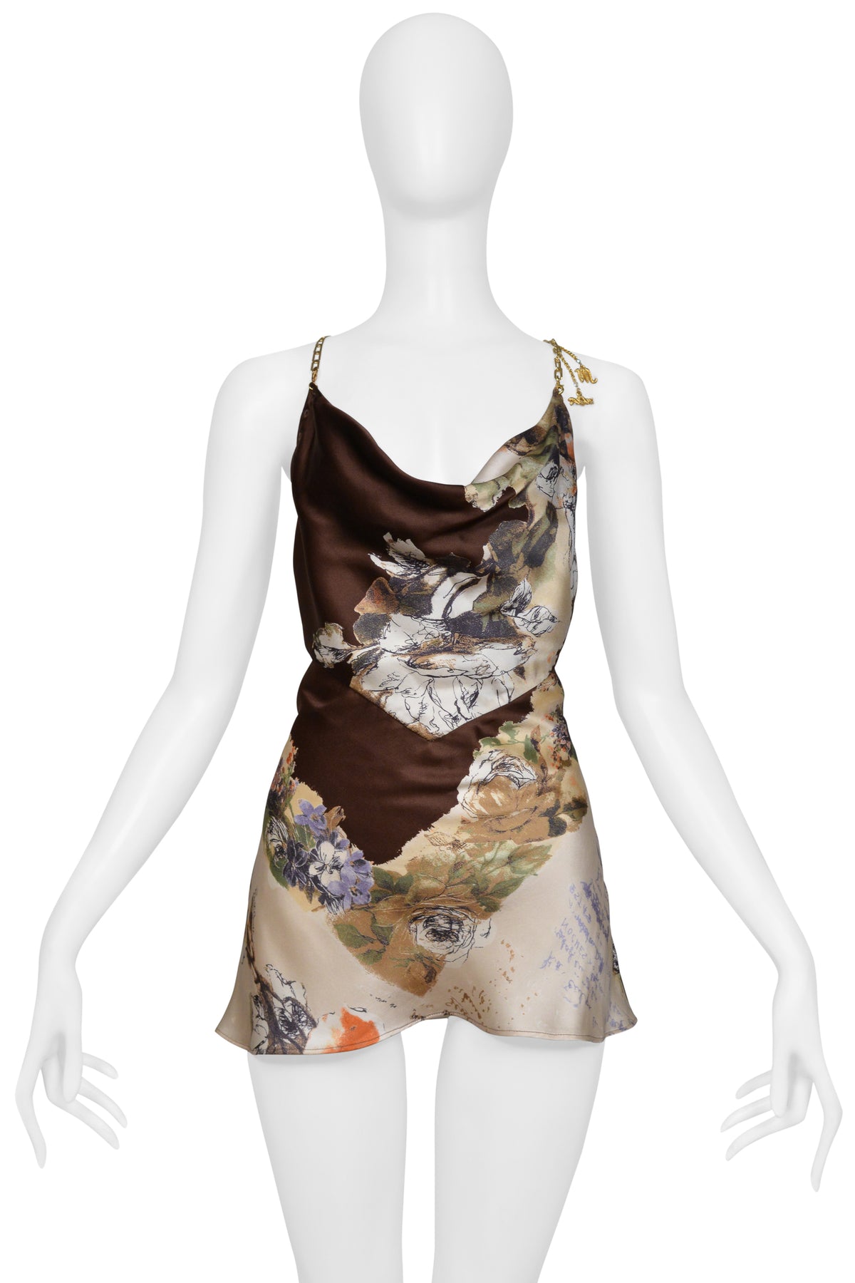 ROBERTO CAVALLI BROWN PRINTED SILK HALTER TOP WITH CHAIN C. 2003