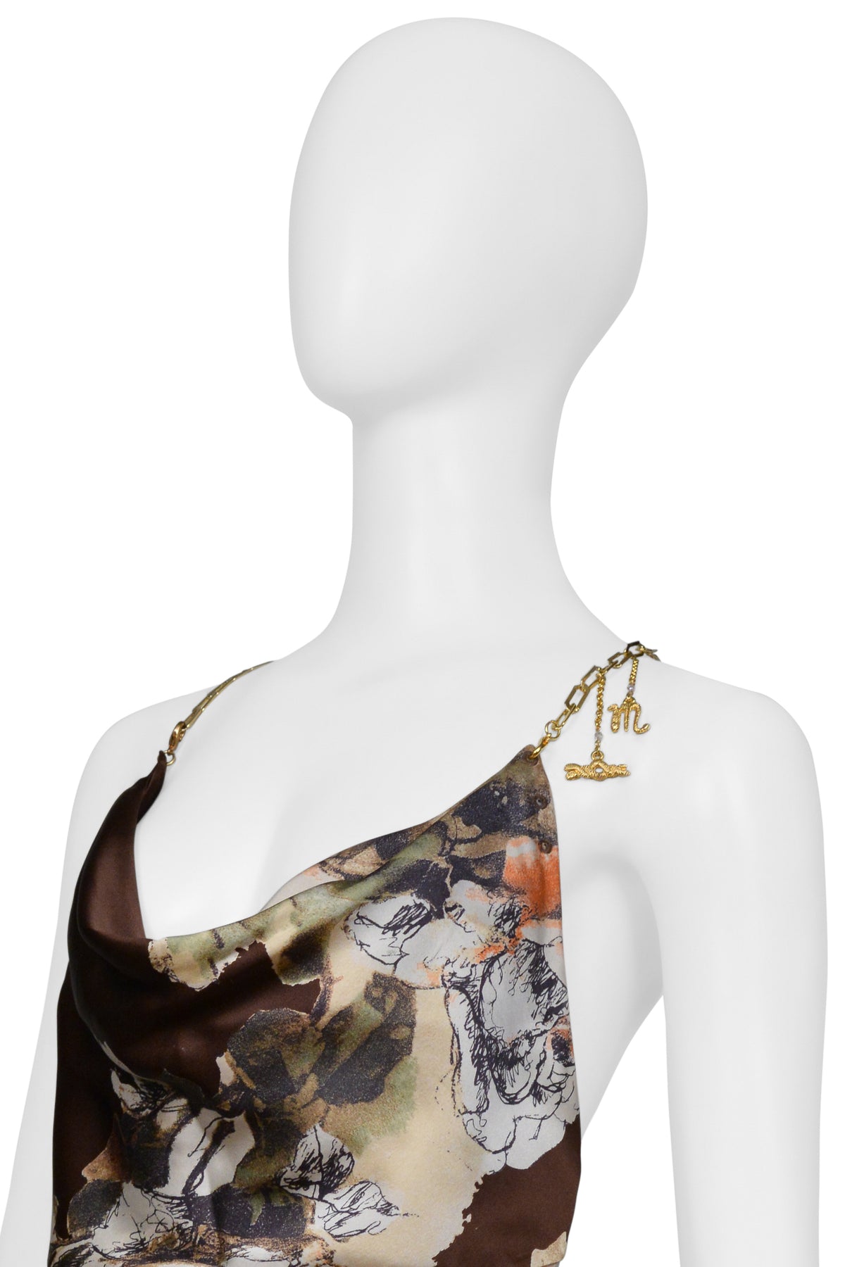 ROBERTO CAVALLI BROWN PRINTED SILK HALTER TOP WITH CHAIN C. 2003