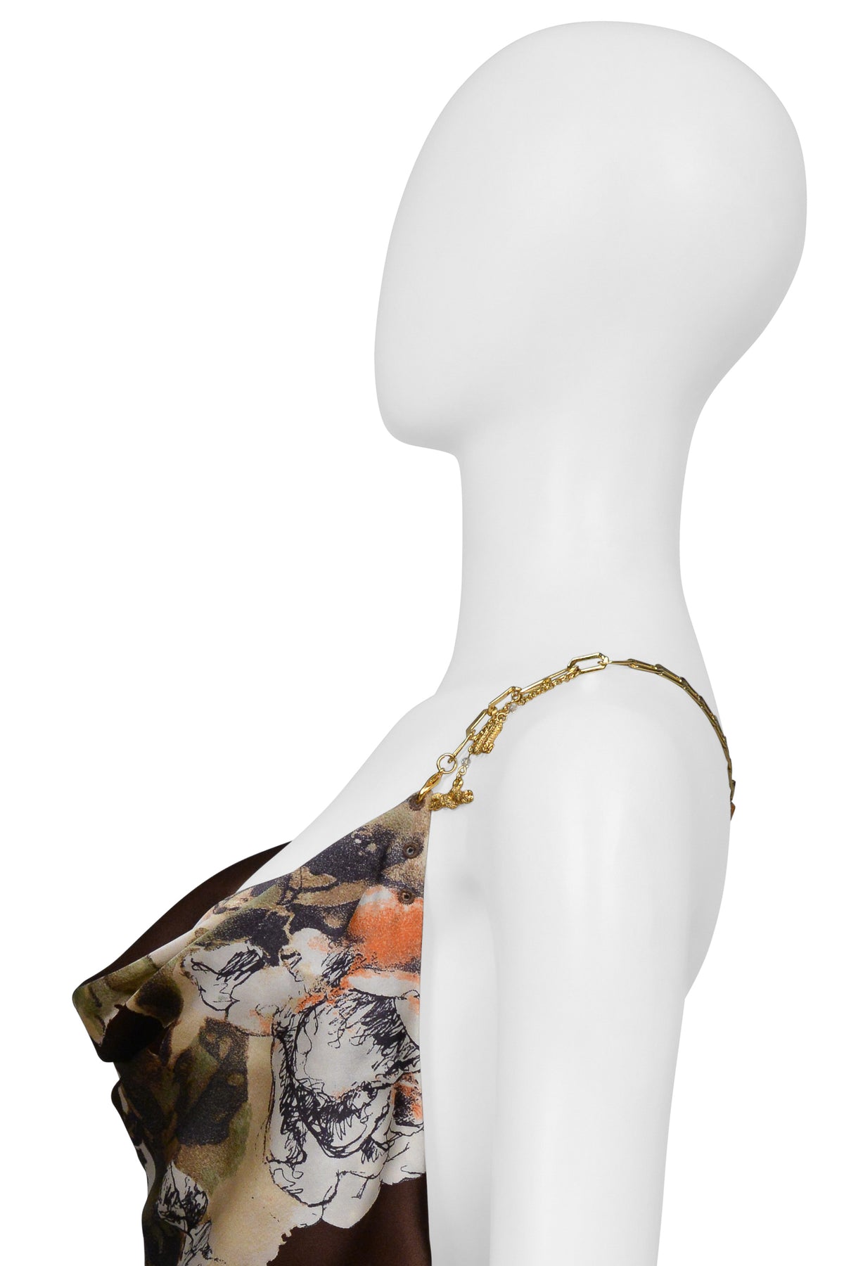 ROBERTO CAVALLI BROWN PRINTED SILK HALTER TOP WITH CHAIN C. 2003