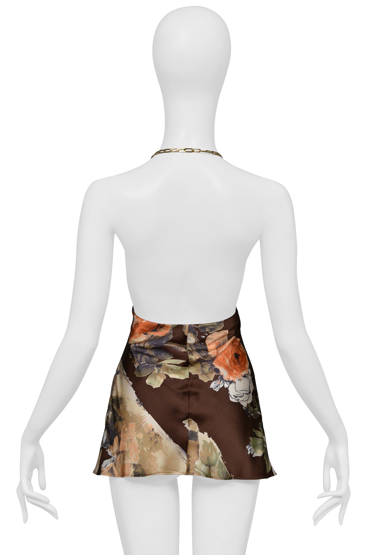 ROBERTO CAVALLI BROWN PRINTED SILK HALTER TOP WITH CHAIN C. 2003