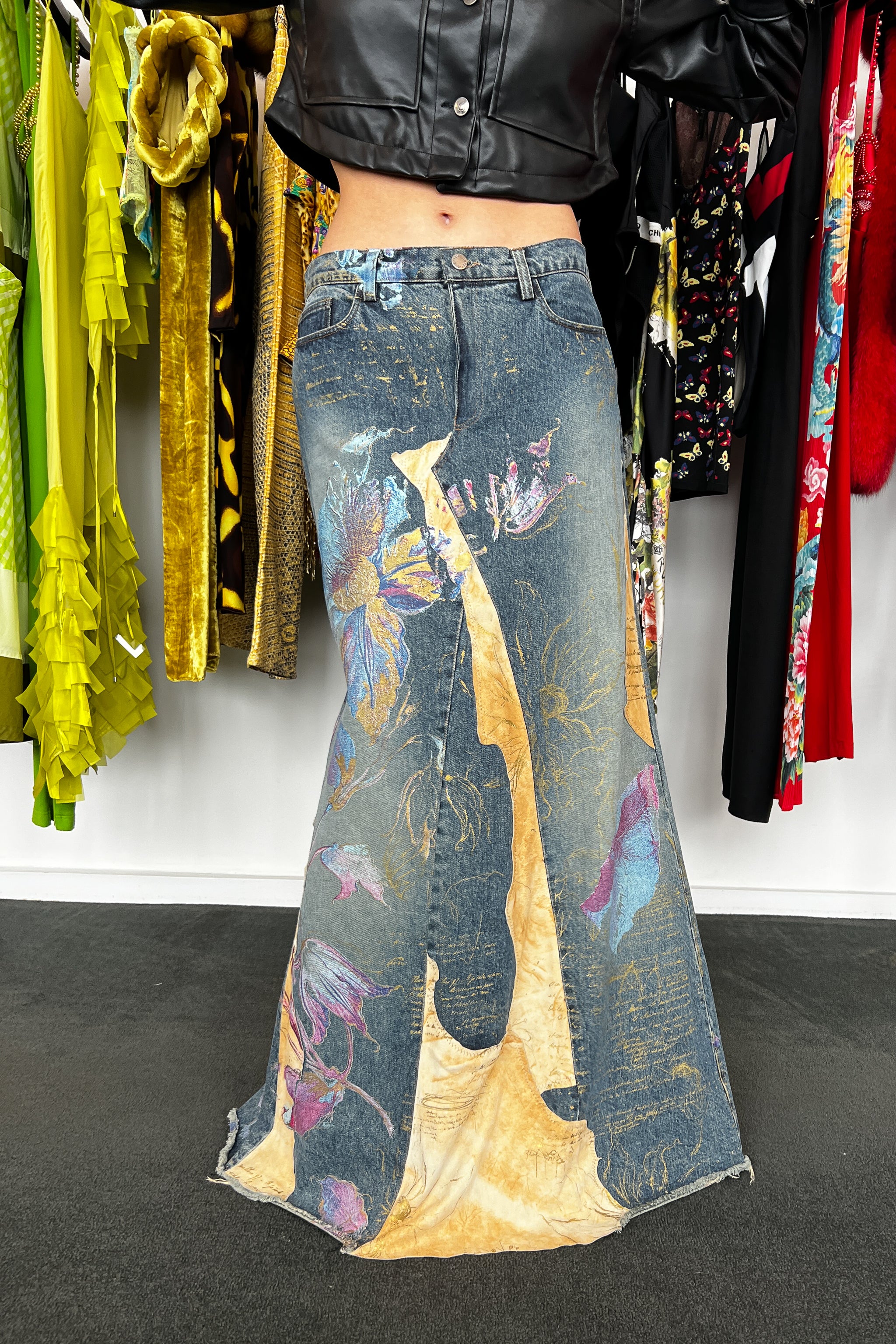 ROBERTO CAVALLI LONG DENIM  & LEATHER HAND PAINTED SKIRT WITH SLIT