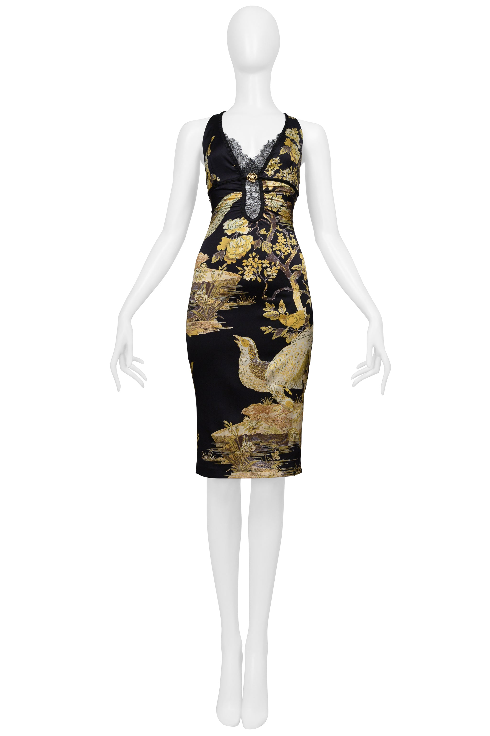 ROBERTO CAVALLI BLACK SILK DRESS WITH LACE AND GOLD BIRD FLORAL PRINT 2006