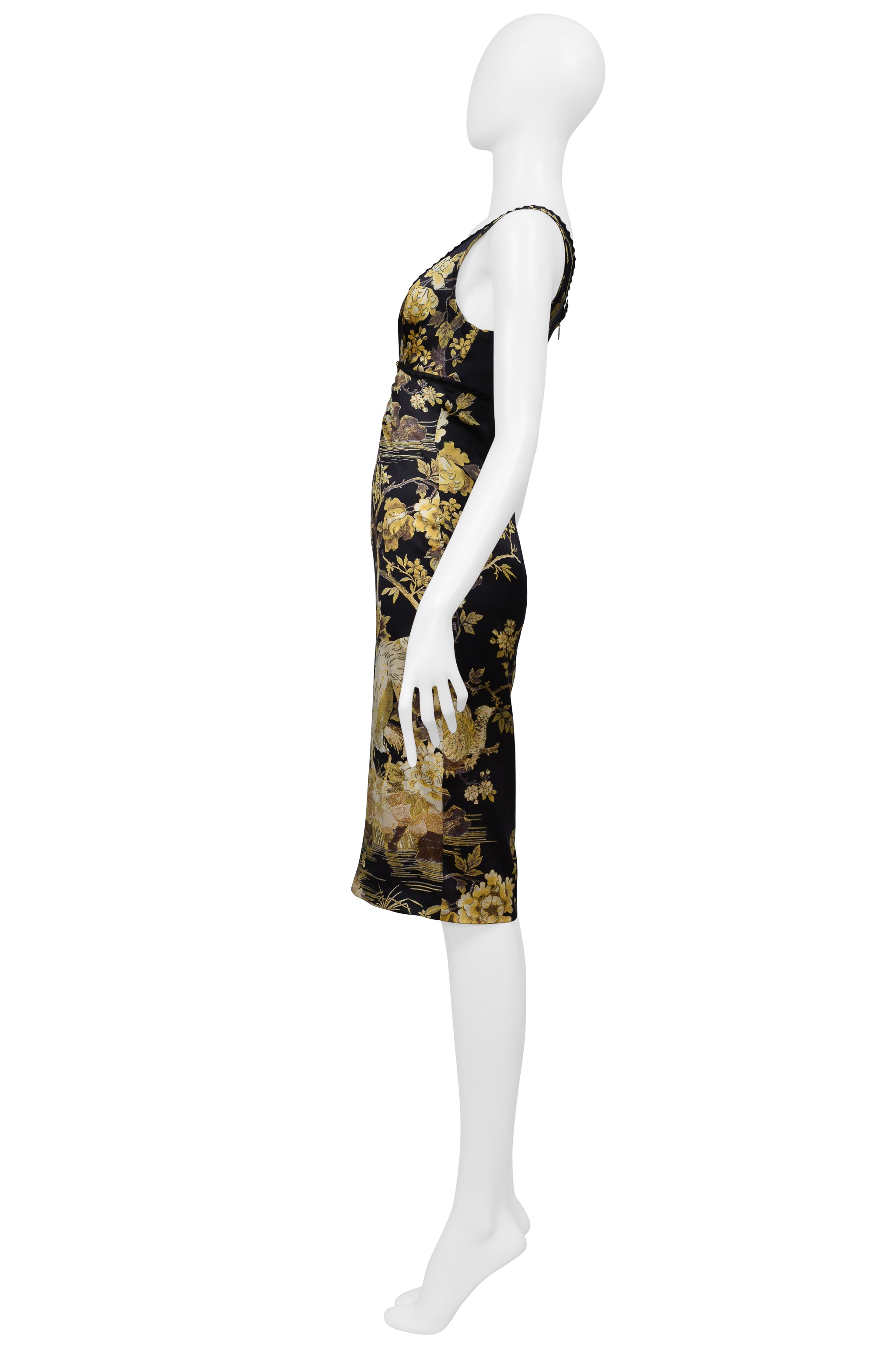 ROBERTO CAVALLI BLACK SILK DRESS WITH LACE AND GOLD BIRD FLORAL PRINT 2006