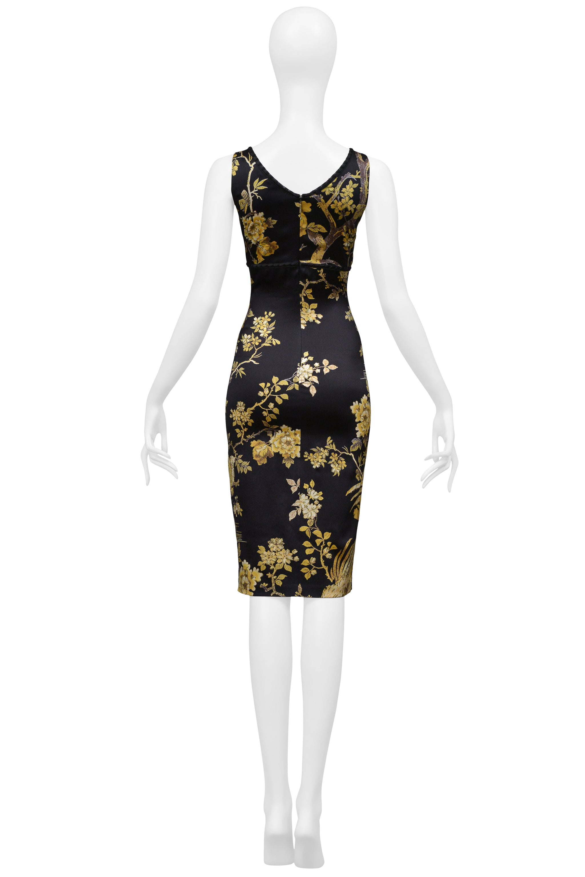 ROBERTO CAVALLI BLACK SILK DRESS WITH LACE AND GOLD BIRD FLORAL PRINT 2006