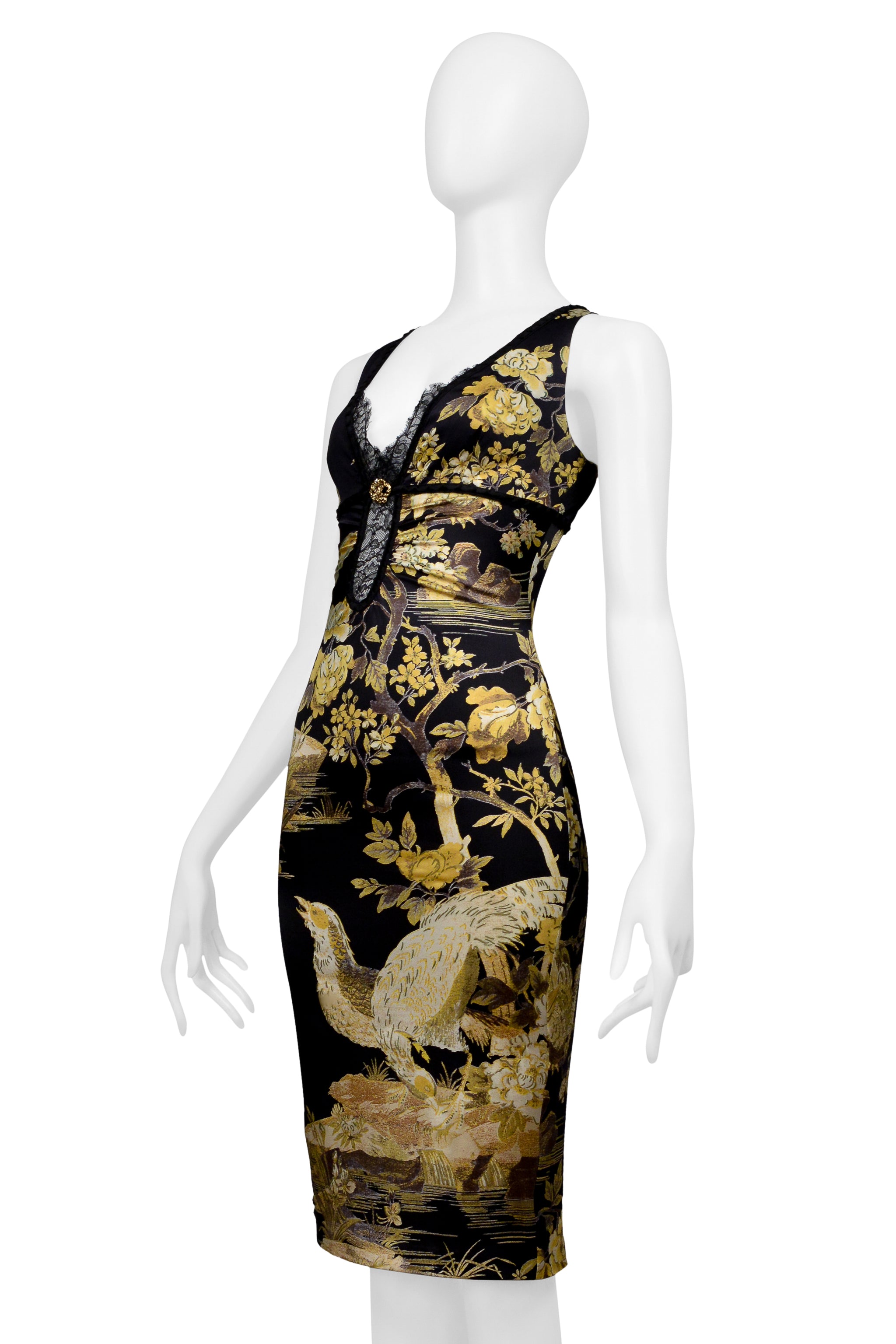 ROBERTO CAVALLI BLACK SILK DRESS WITH LACE AND GOLD BIRD FLORAL PRINT 2006