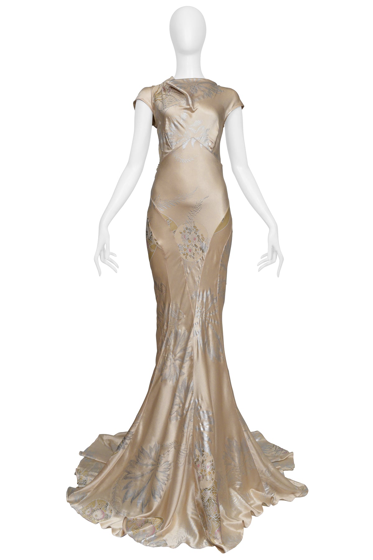 ROBERTO CAVALLI CHAMPAGNE GOWN WITH INTRICATE BEADING AND DRAMATIC TRAIN 2006