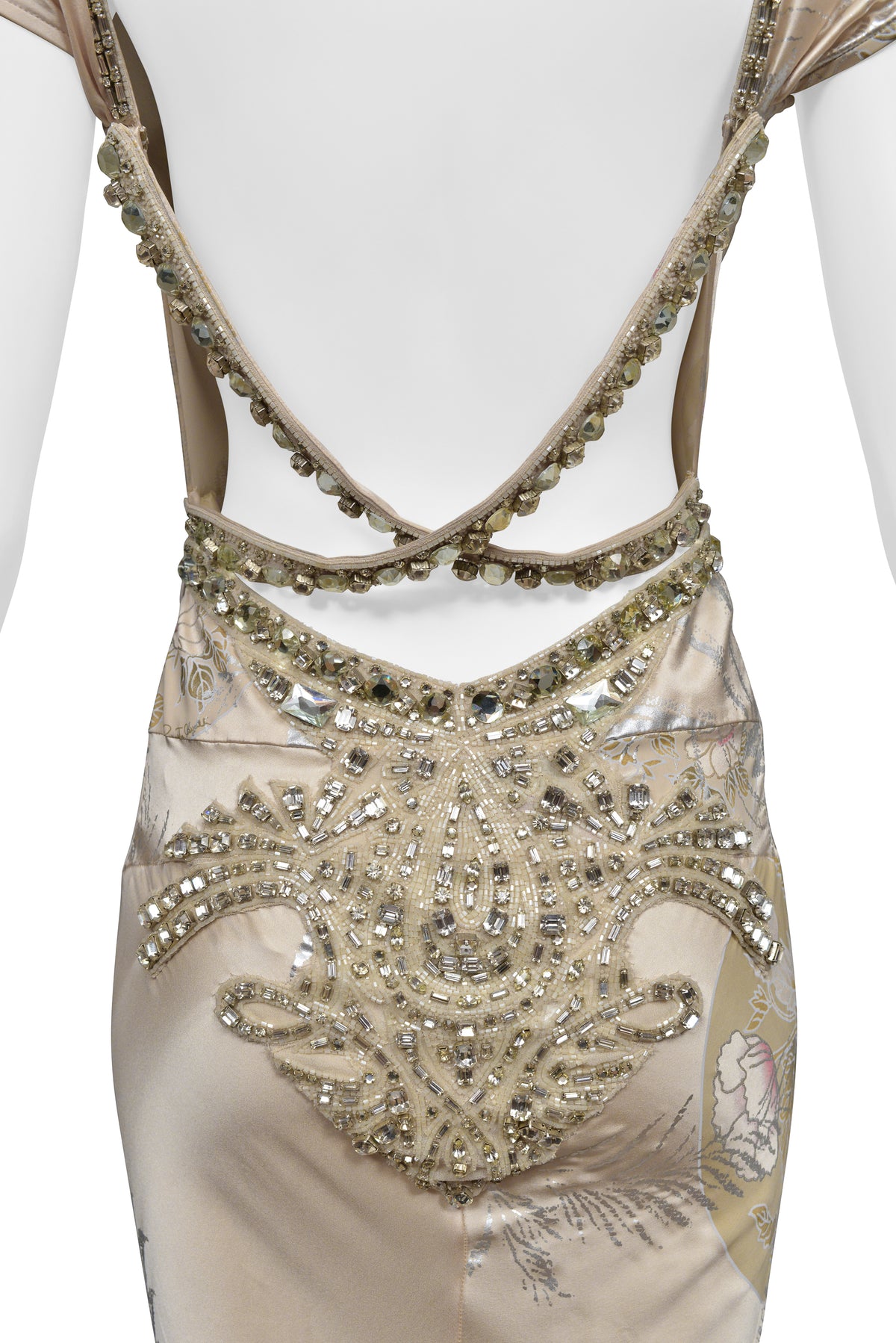 ROBERTO CAVALLI CHAMPAGNE GOWN WITH INTRICATE BEADING AND DRAMATIC TRAIN 2006