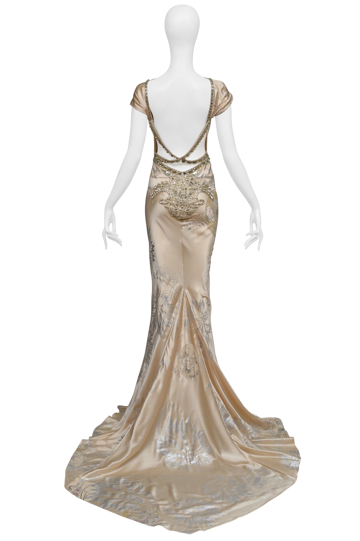 ROBERTO CAVALLI CHAMPAGNE GOWN WITH INTRICATE BEADING AND DRAMATIC TRAIN 2006