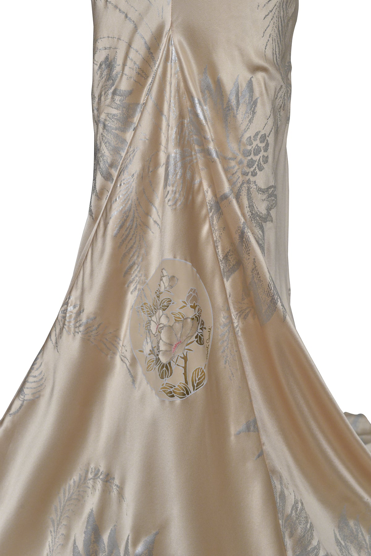 ROBERTO CAVALLI CHAMPAGNE GOWN WITH INTRICATE BEADING AND DRAMATIC TRAIN 2006